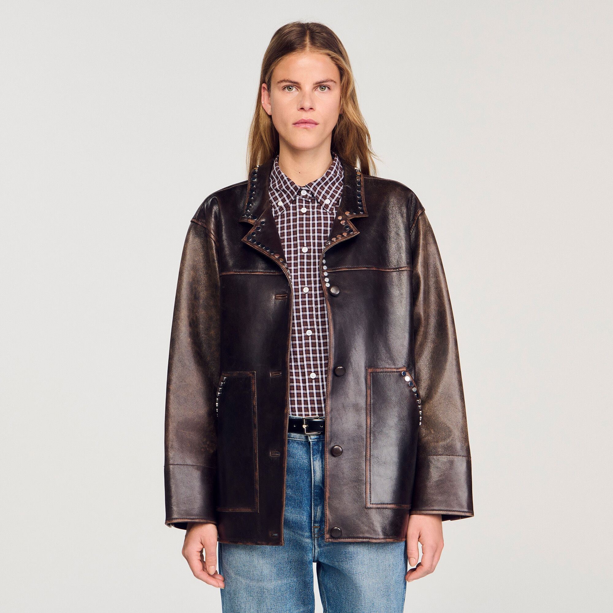 Oversized leather jacket with studs
