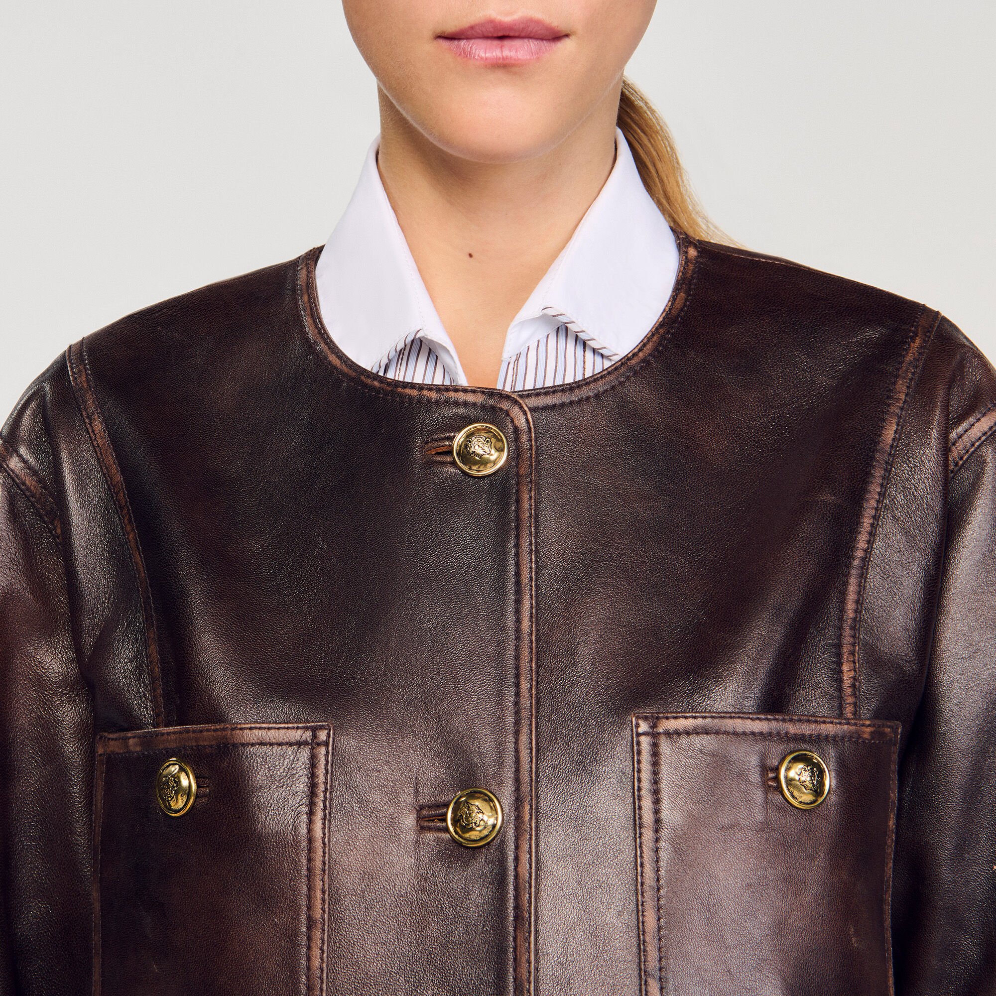 Long distressed leather jacket