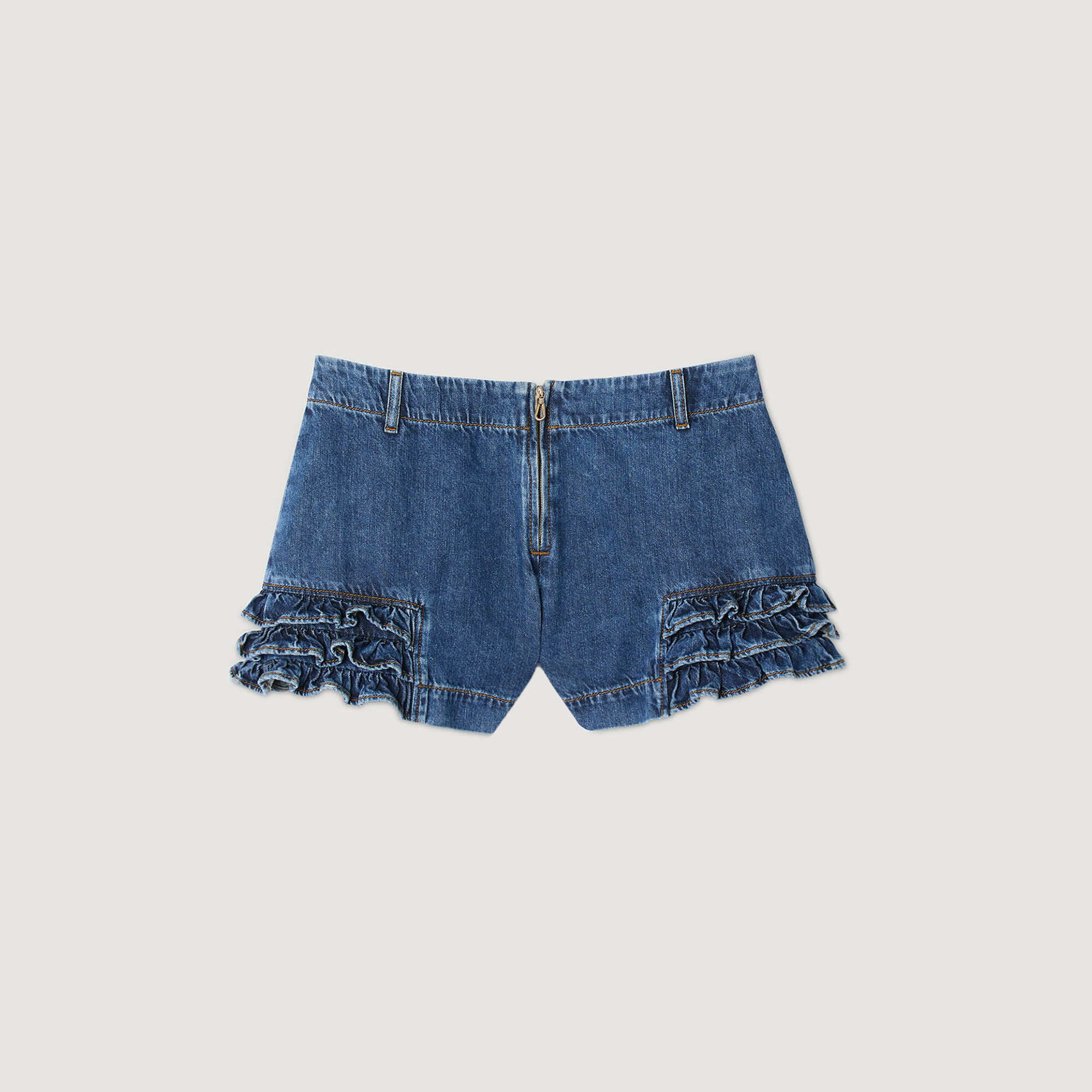 関税・送料込み!【国内発送】Sandro Ruffled ショートパンツ Ruffled denim shorts blue For Women | Sandro Paris
