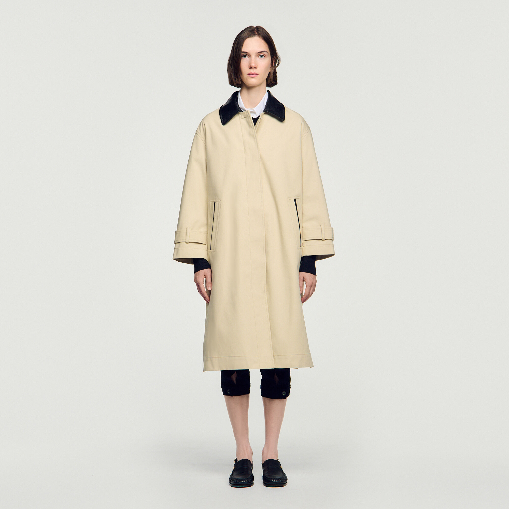 Long coat with leather collar - Women | Sandro
