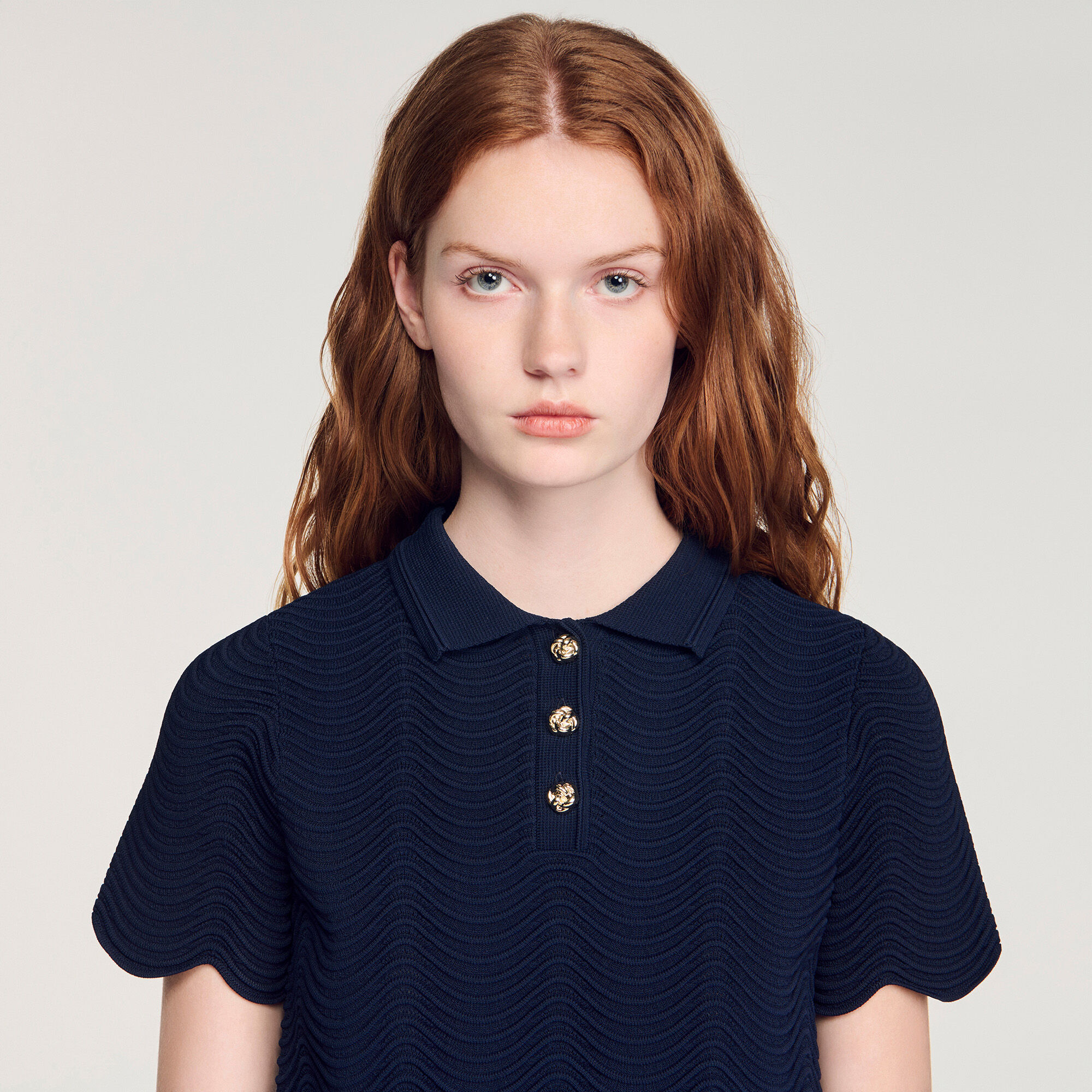 Decorative knit polo-neck jumper blue For Women | Sandro Paris
