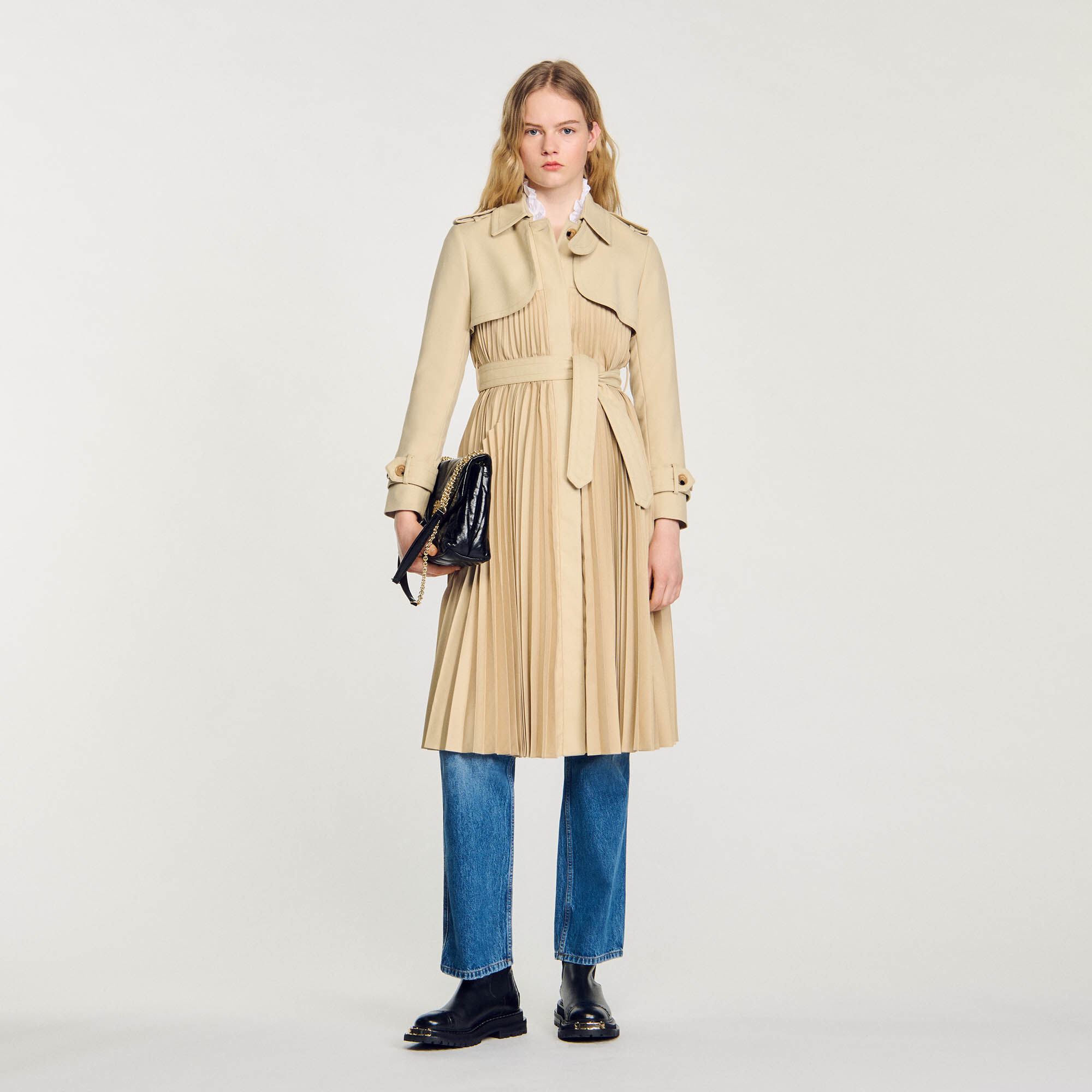 Pleated trench coat with belt white beige For Women Sandro Paris