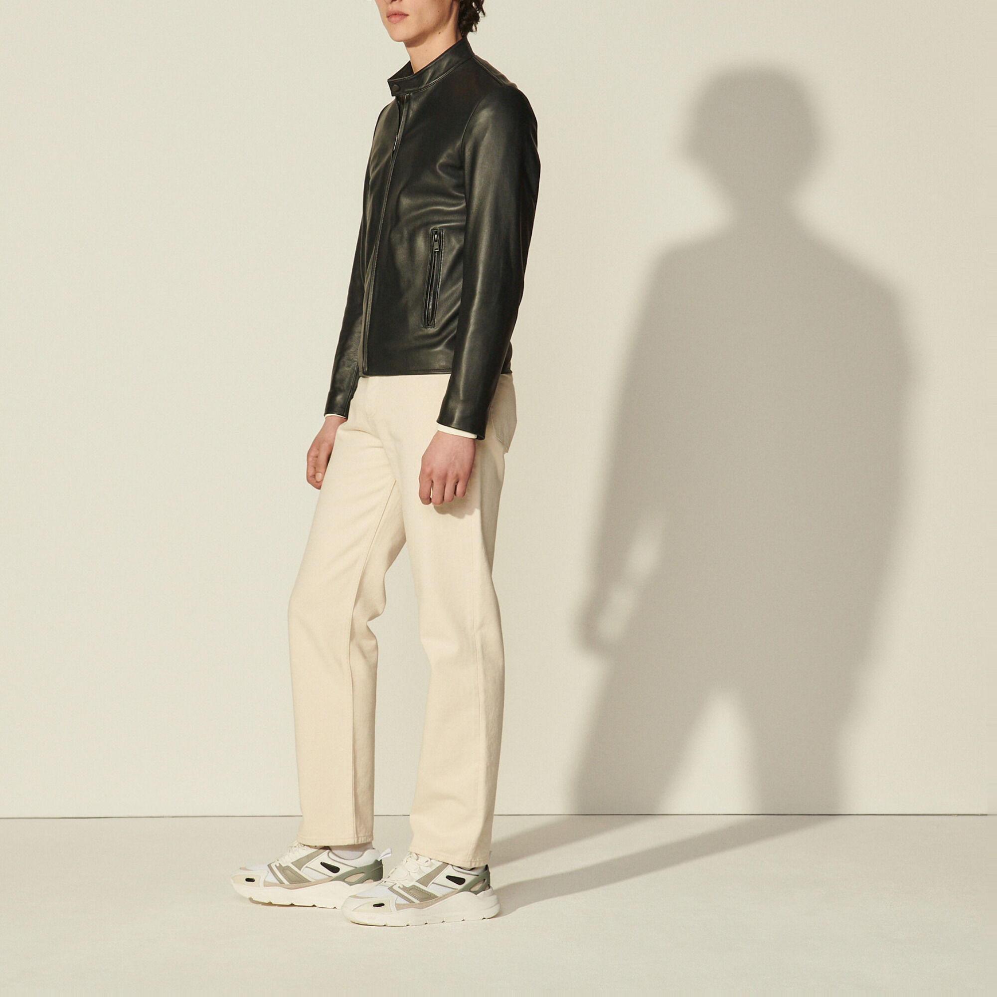 Leather biker jacket black / gray for Men | Sandro Paris