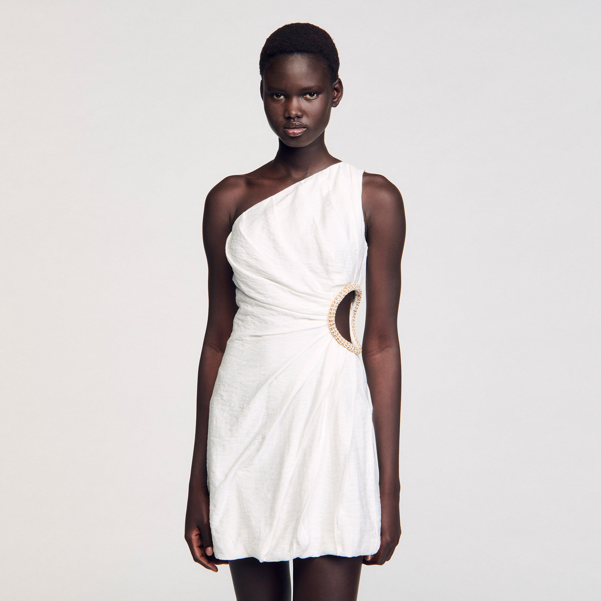 Short asymmetrical dress white / beige For Women | Sandro Paris