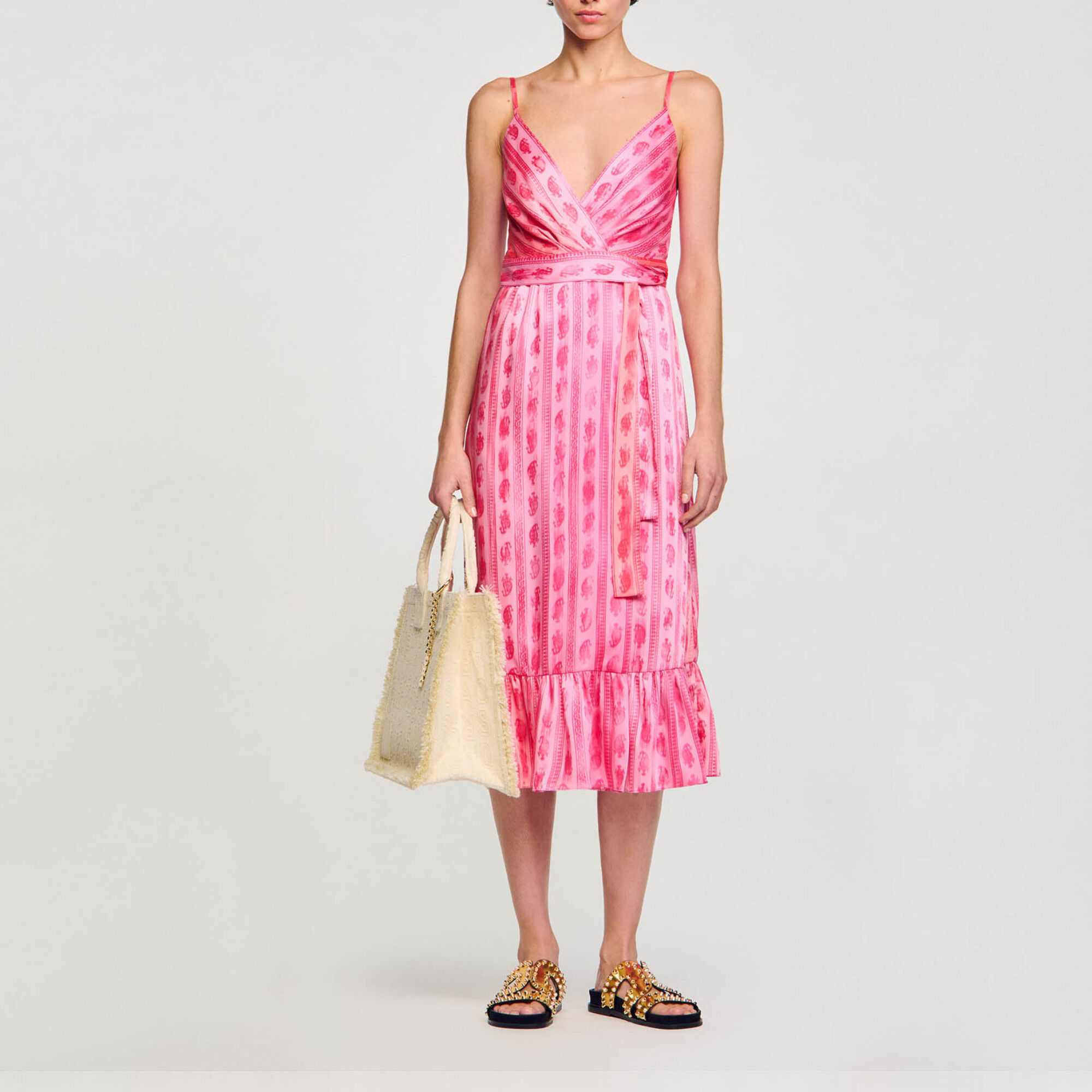 Midi dress with tie belt pink For Women Sandro Paris