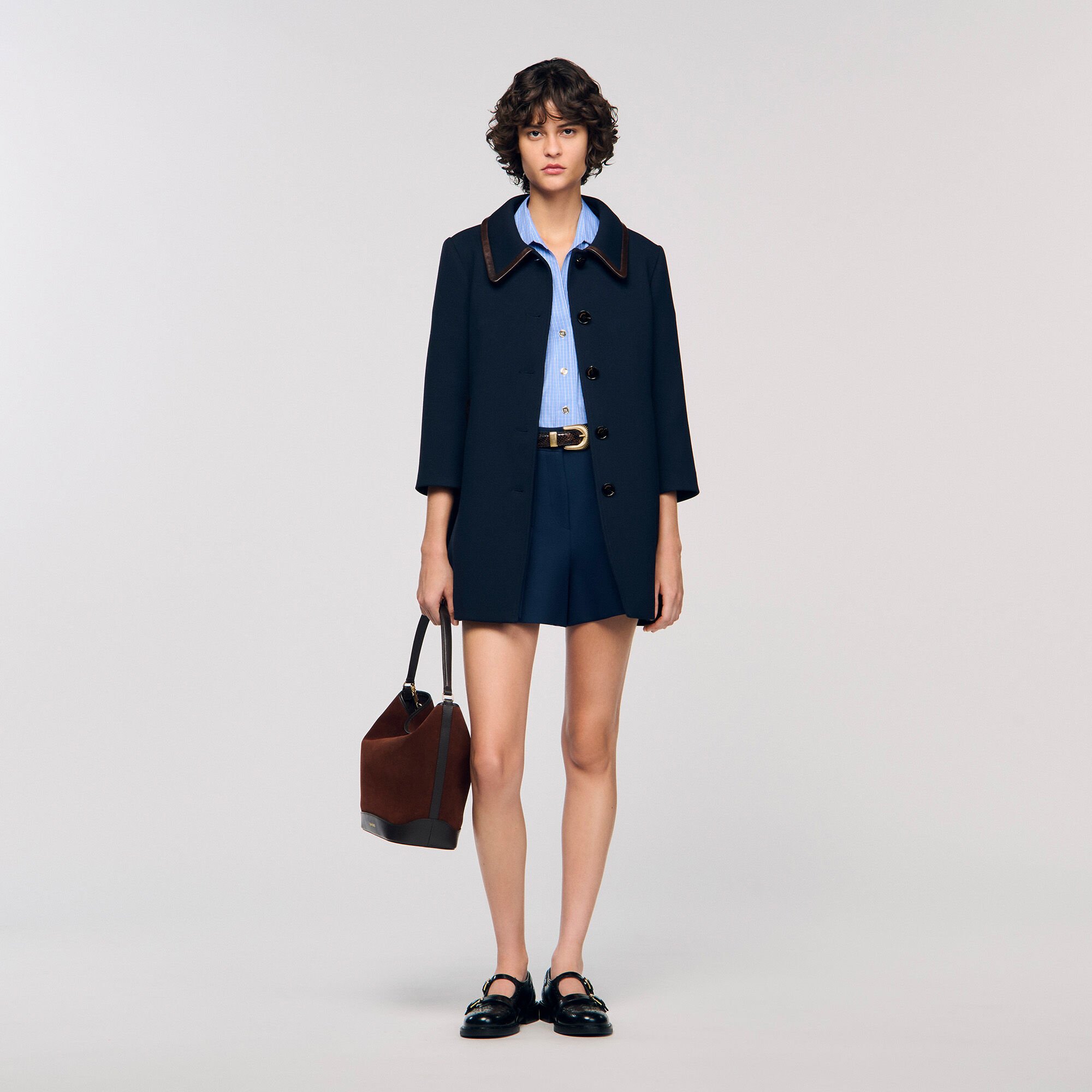 Coat with leather stripes