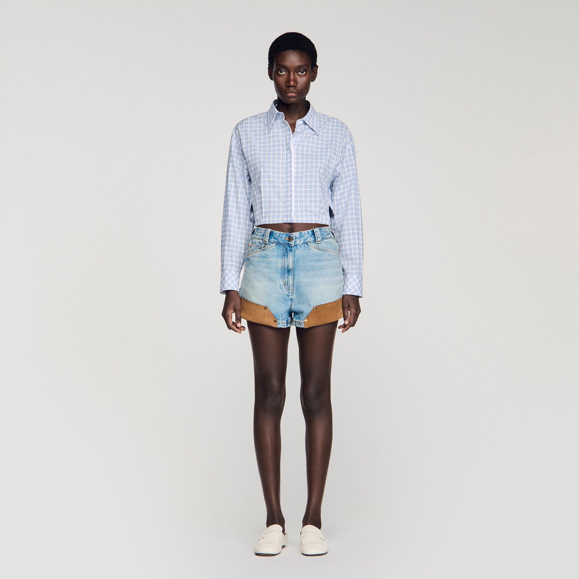 Riveted denim and suede shorts