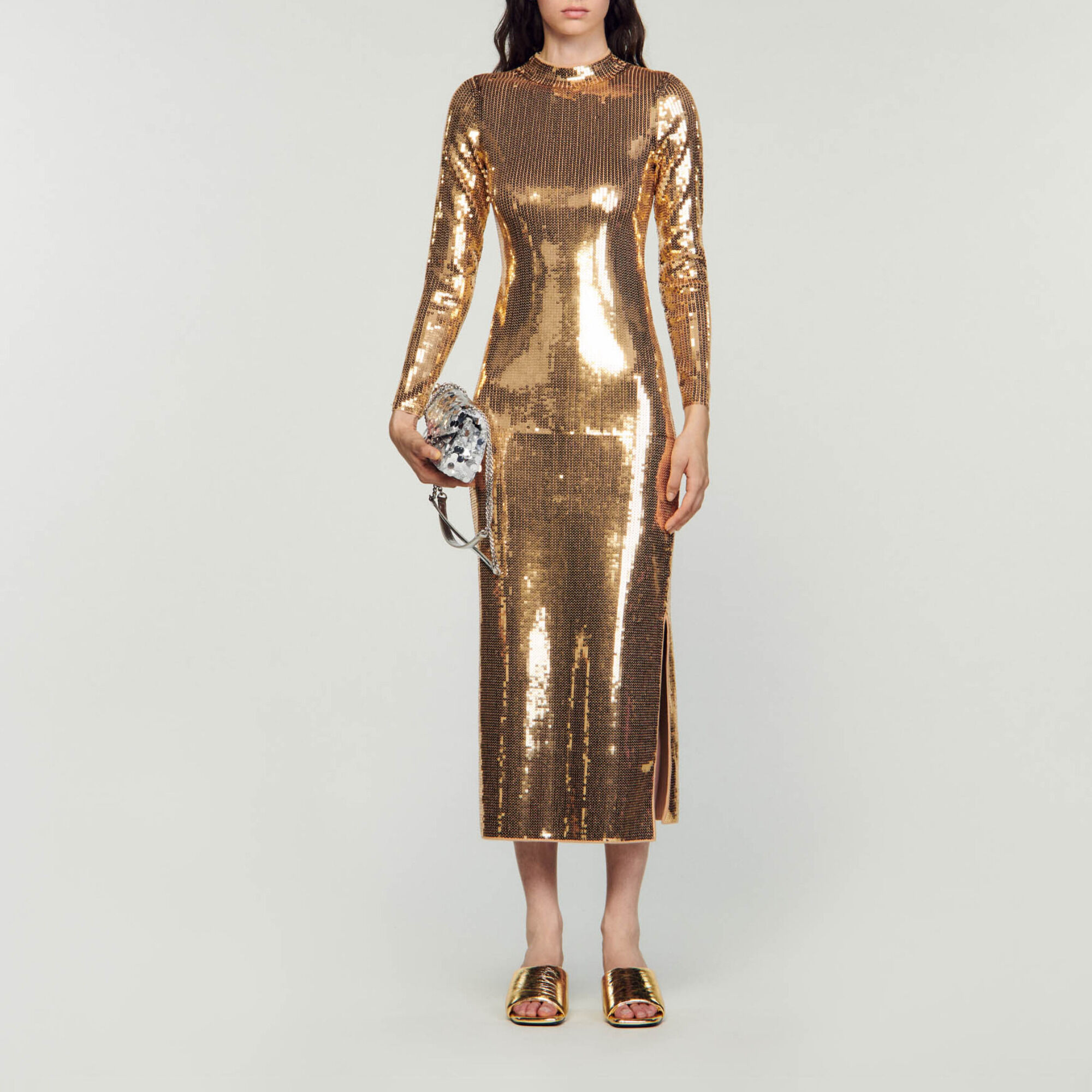 High neck delicate sequin top midi dress