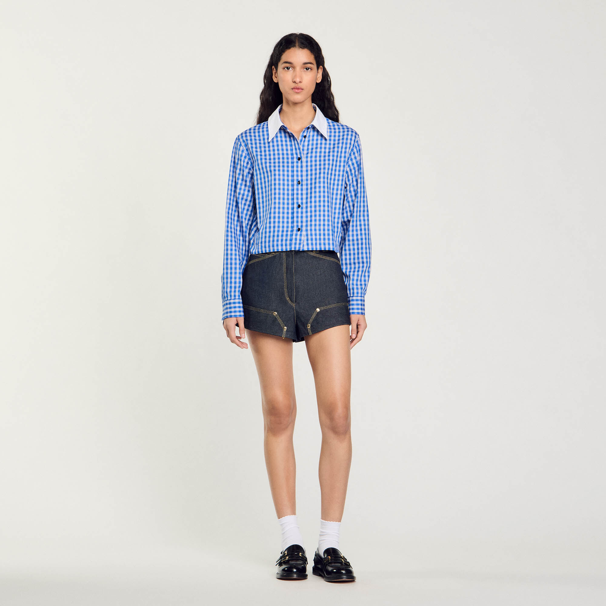 Contrast checked sleeve crop hoodie hot sale