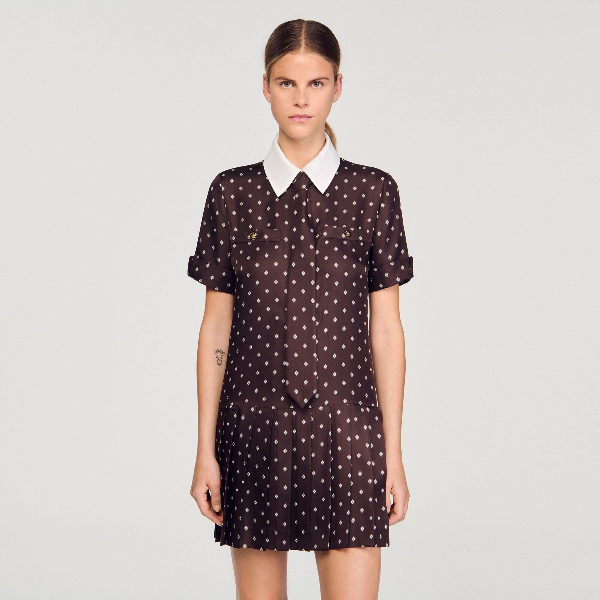 Printed satin-effect short dress