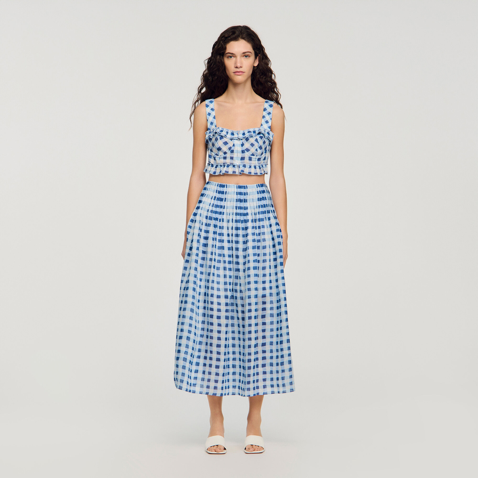 Long gingham linen skirt blue For Women | Sandro Paris