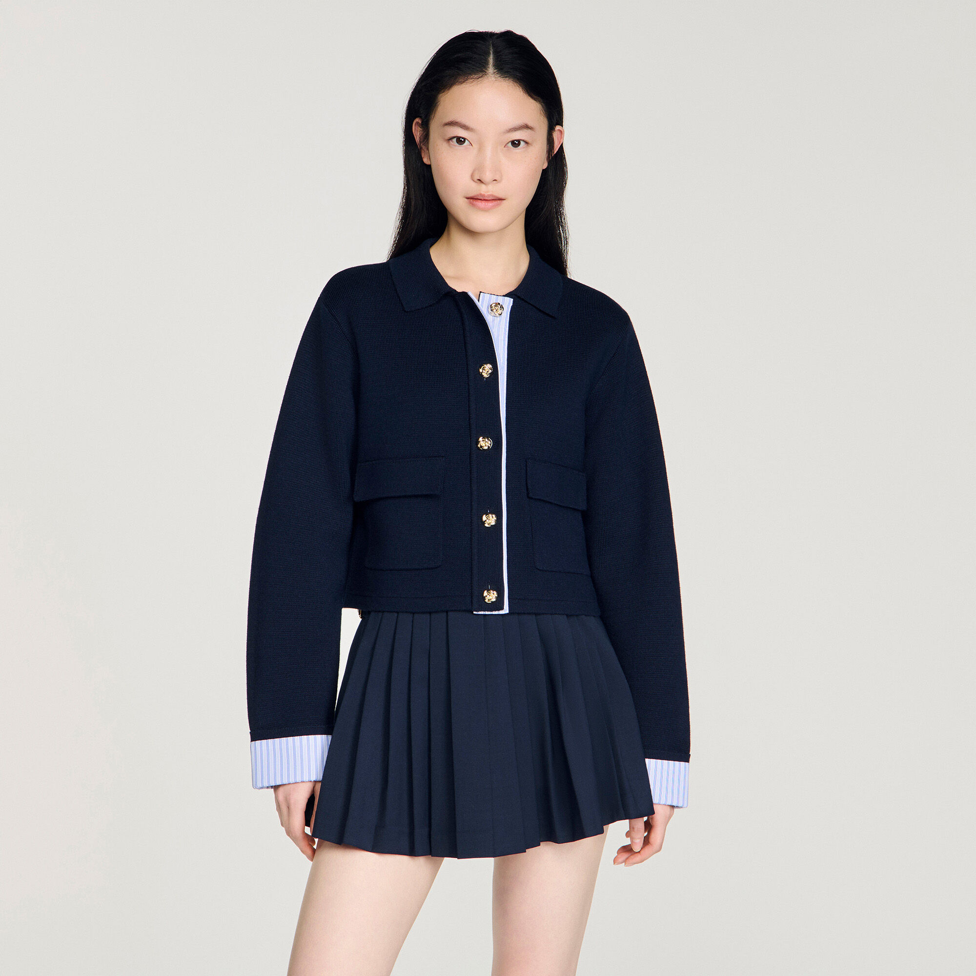 Polo cardigan with poplin details