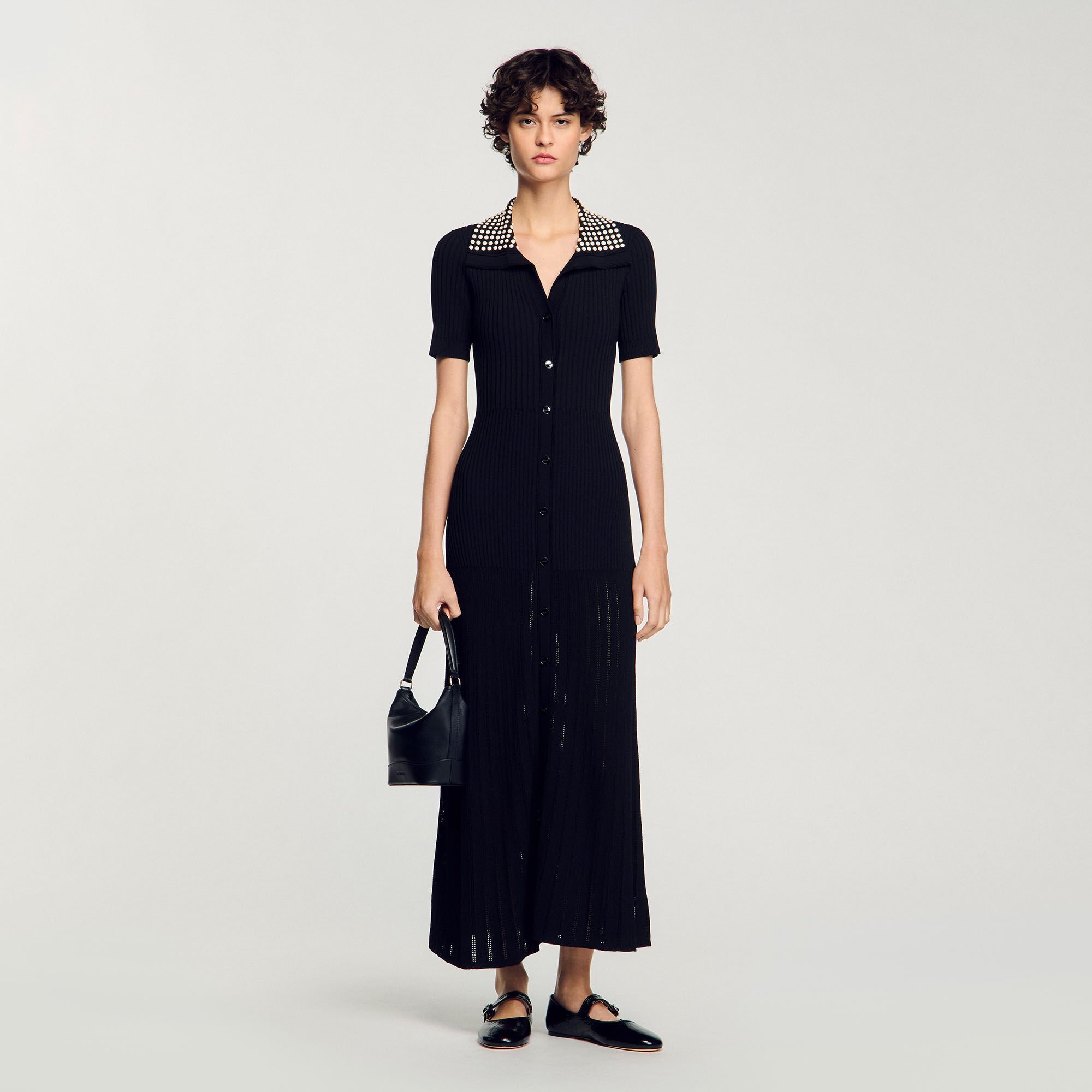 Knit maxi dress with studs black / gray For Women | Sandro Paris
