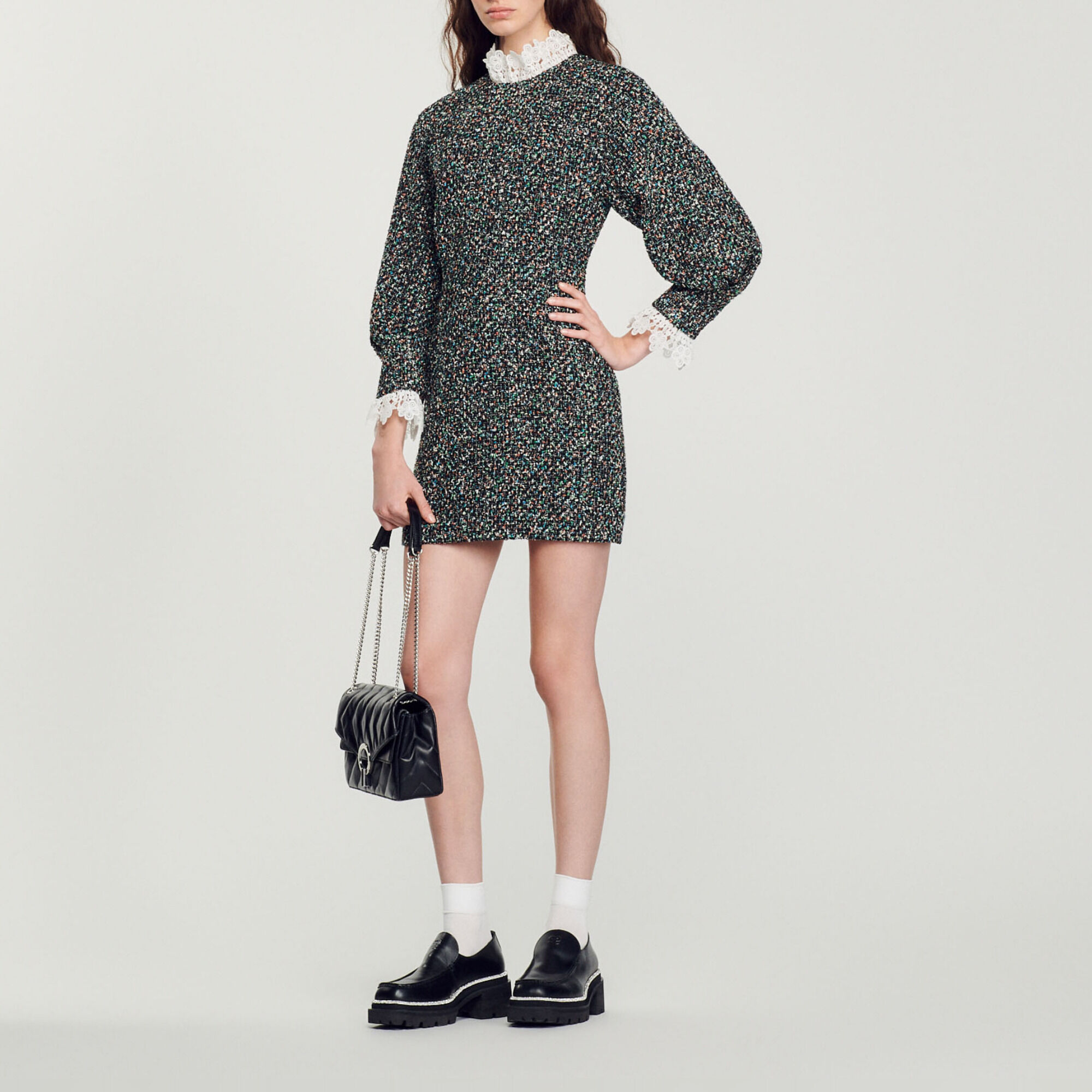 Tweed dress with trimmed neckline