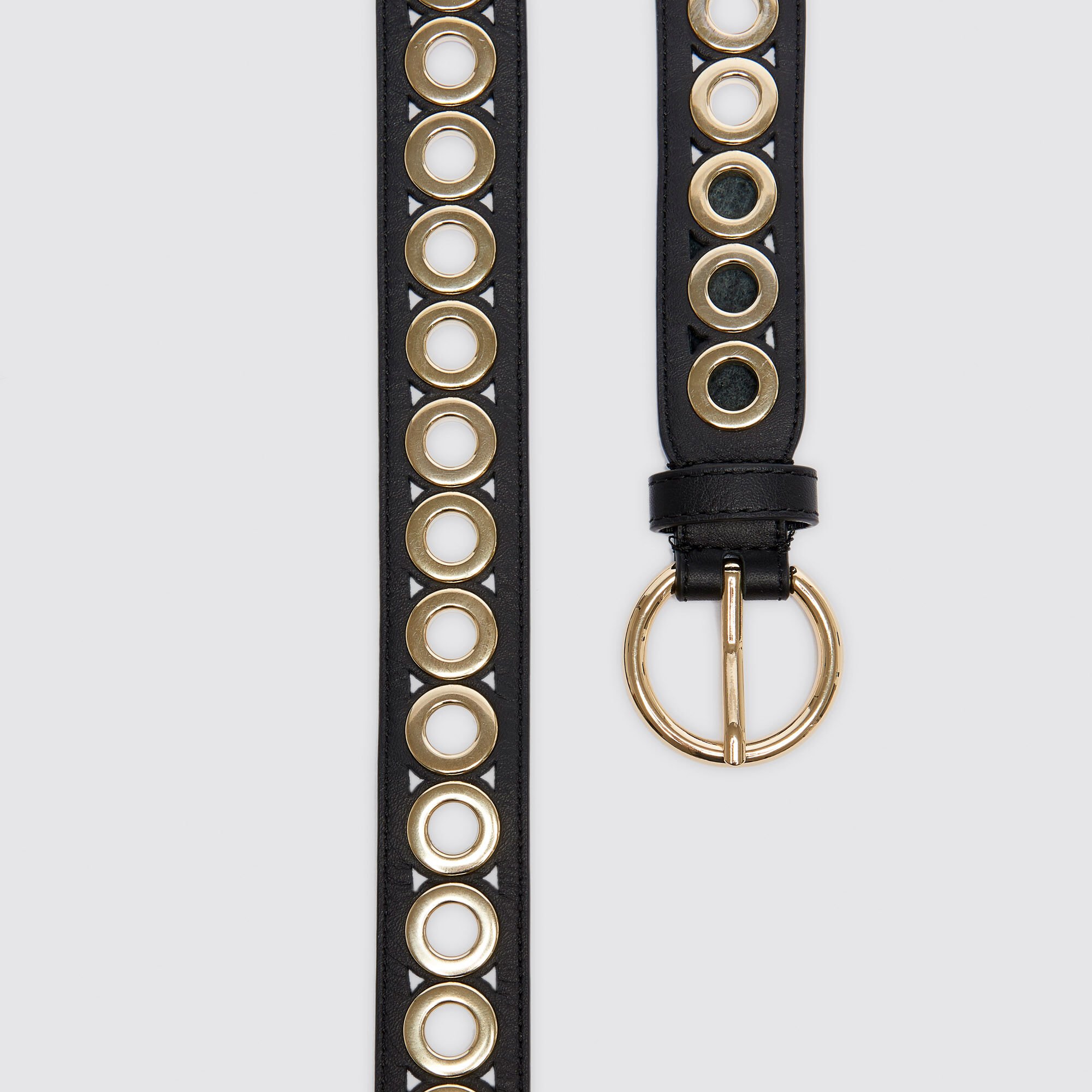 Belt with round buckle and eyelets