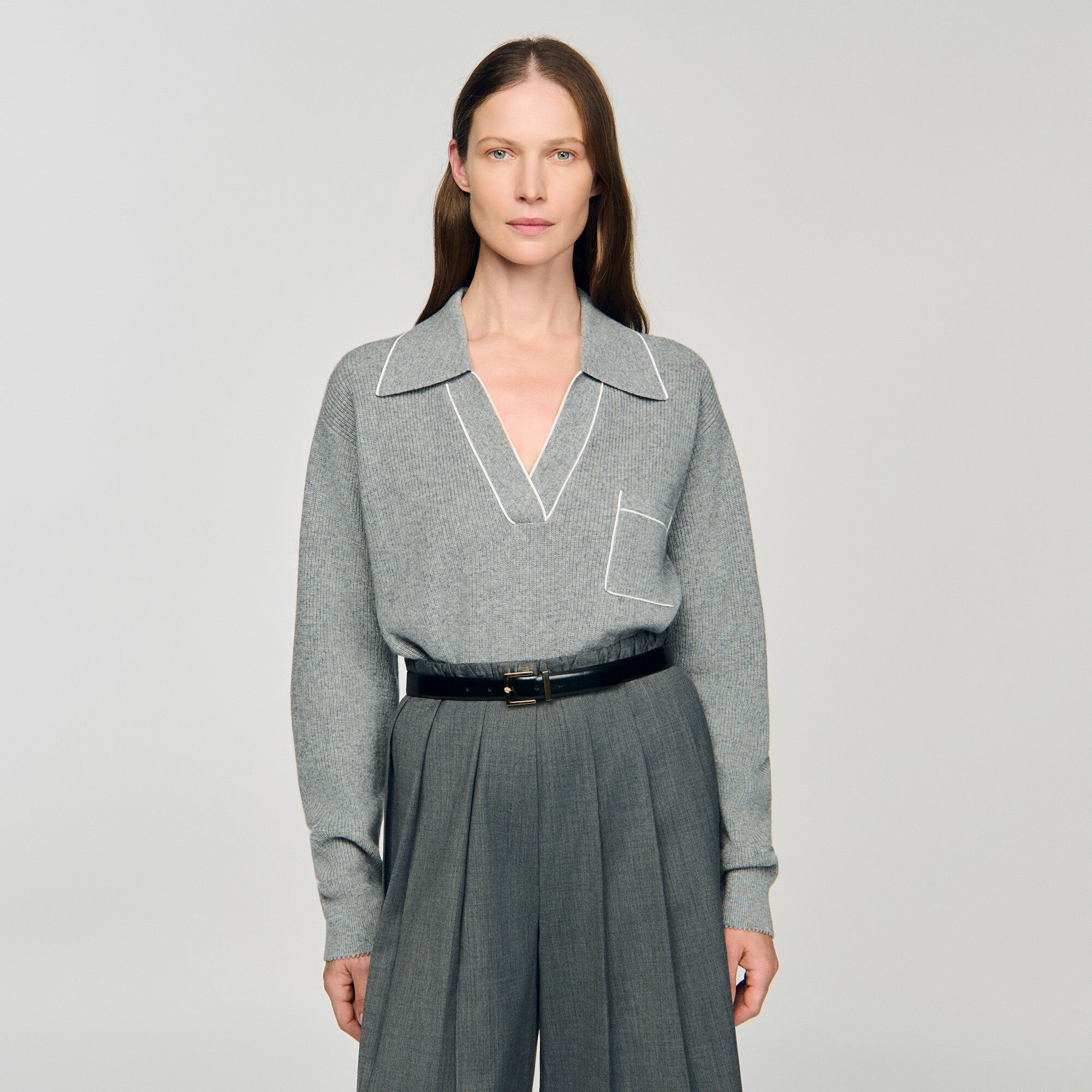 Open polo-collar neck jumper