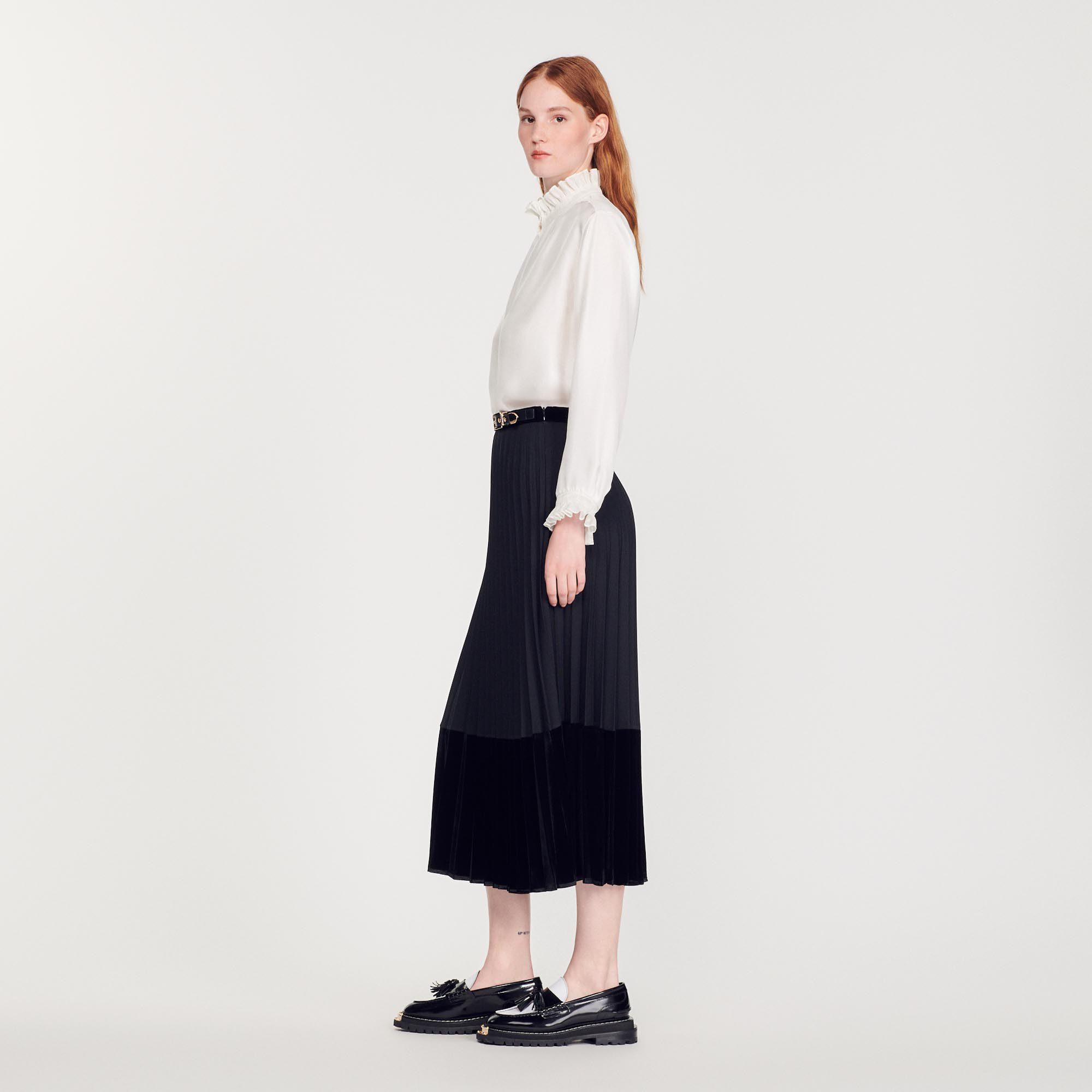 Long pleated wrapover skirt