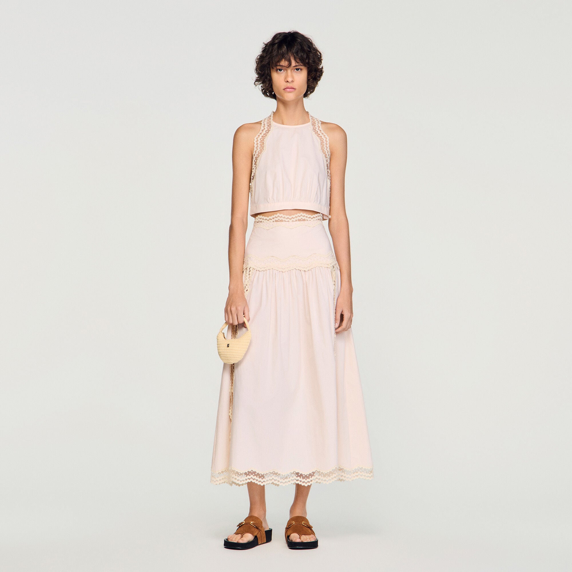 Cotton crop top with lace trim pink For Women | Sandro Paris