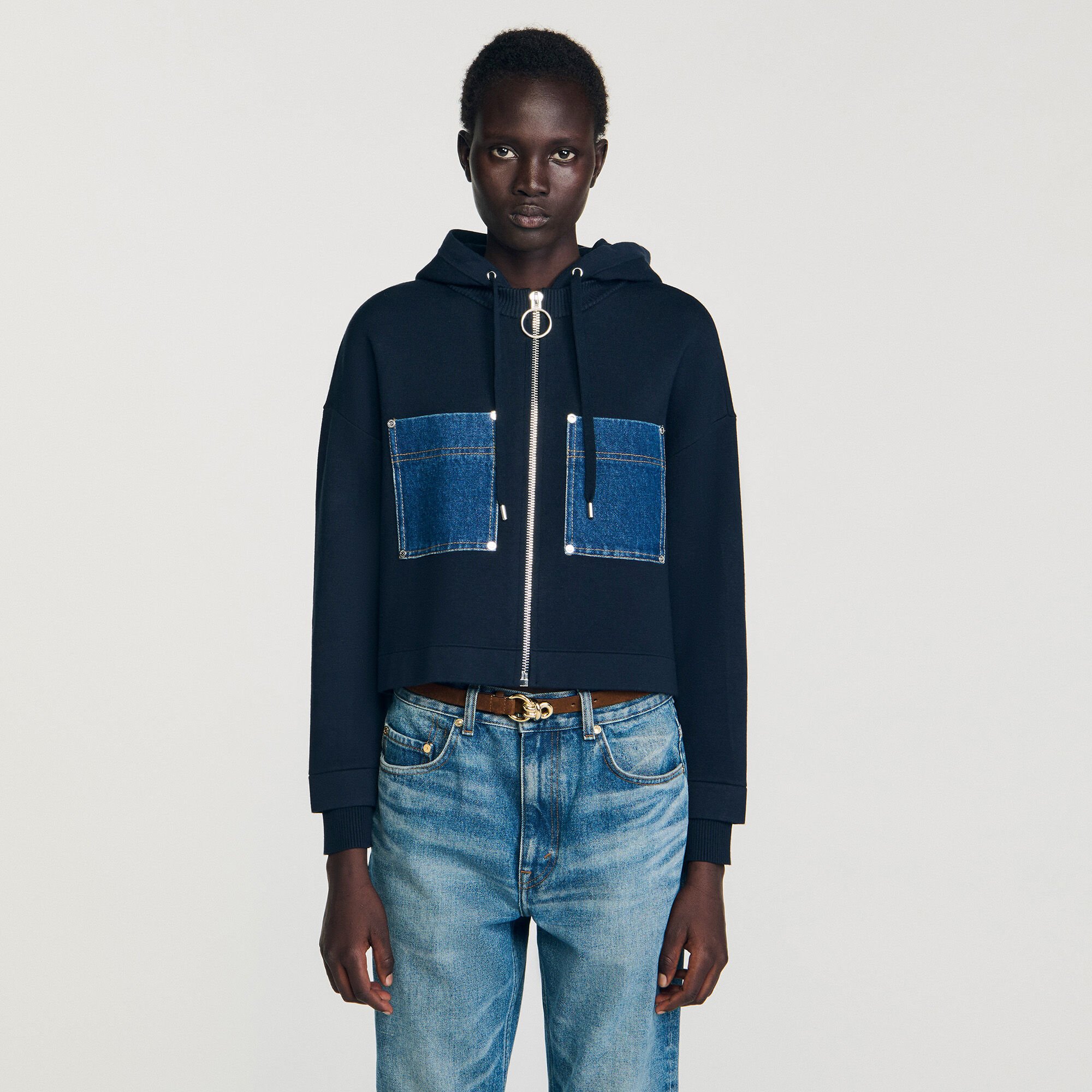 Knit and denim sweatshirt