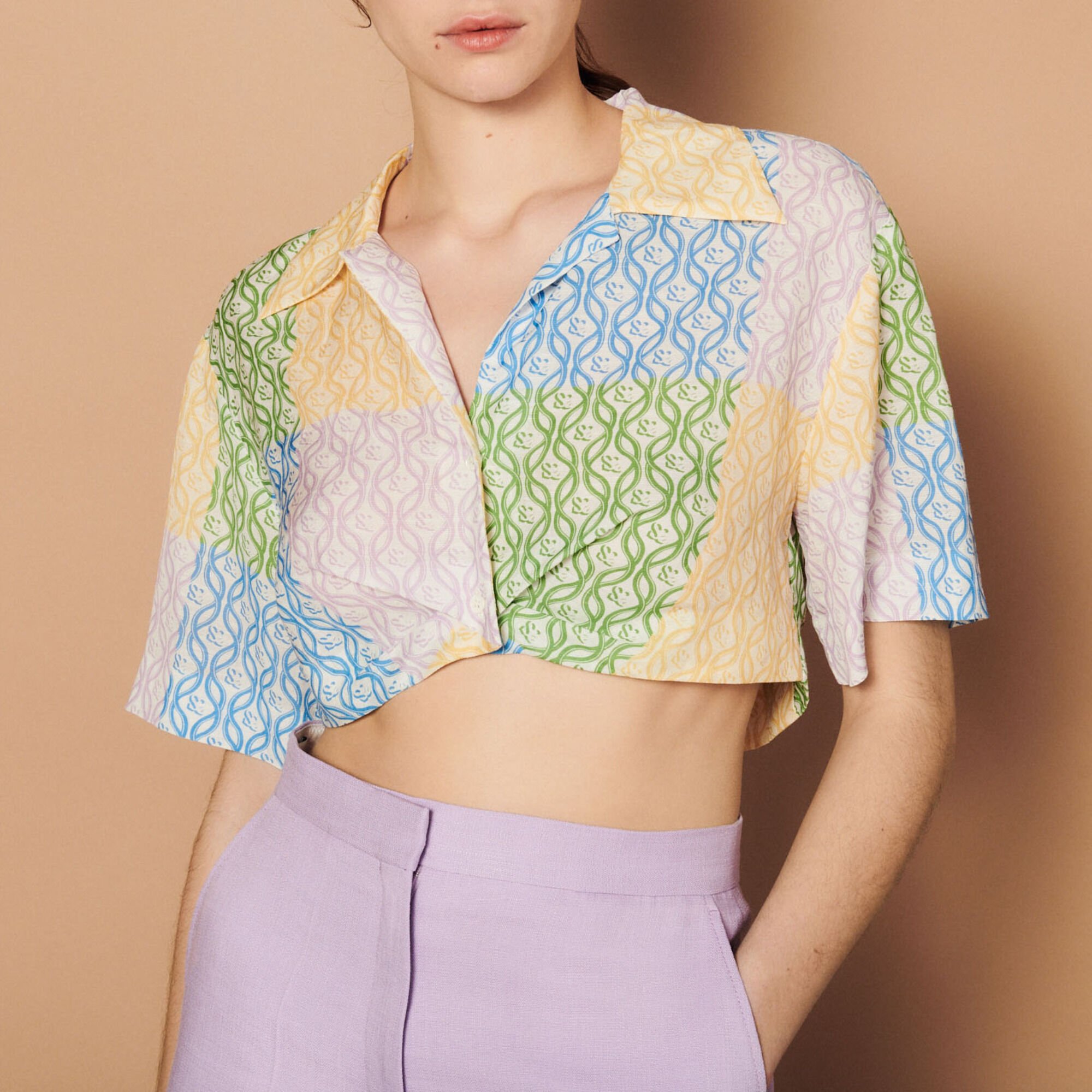 Printed patchwork cropped shirt
