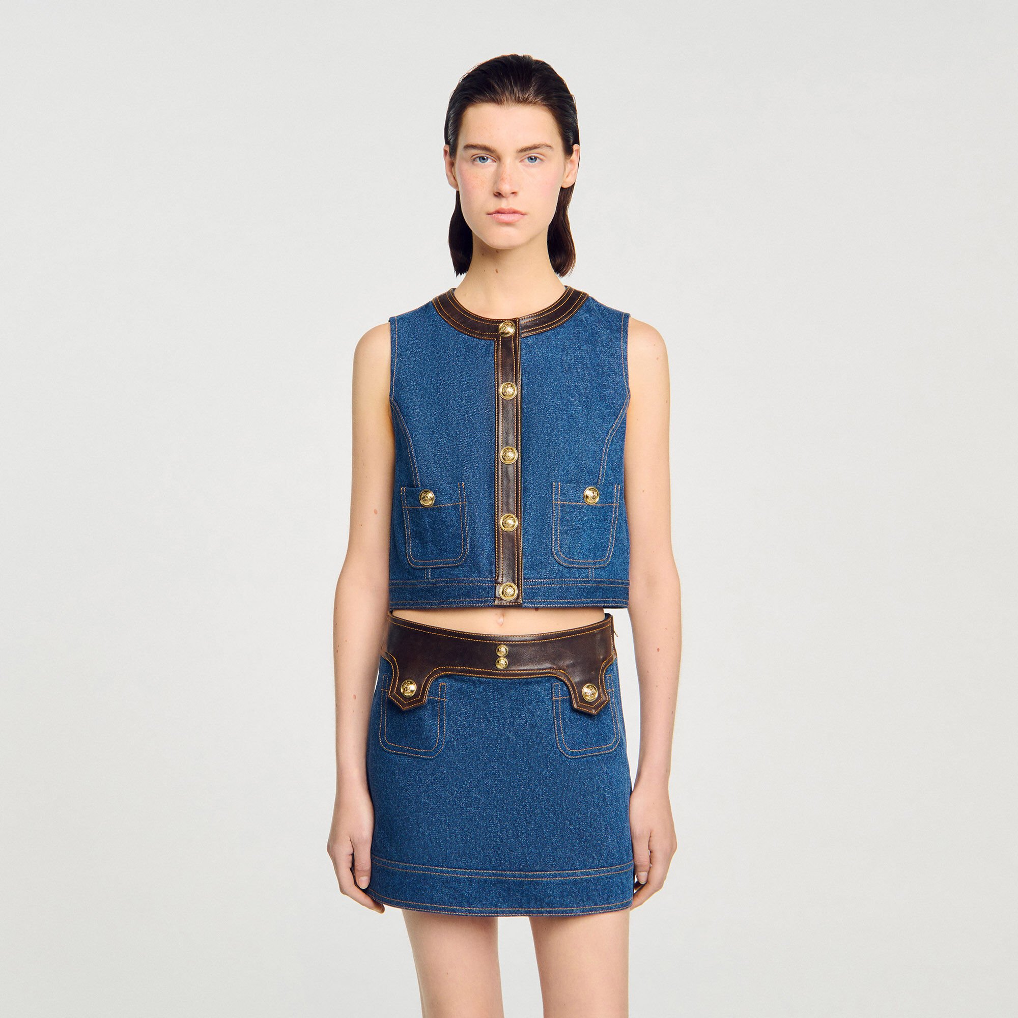 Denim and leather top