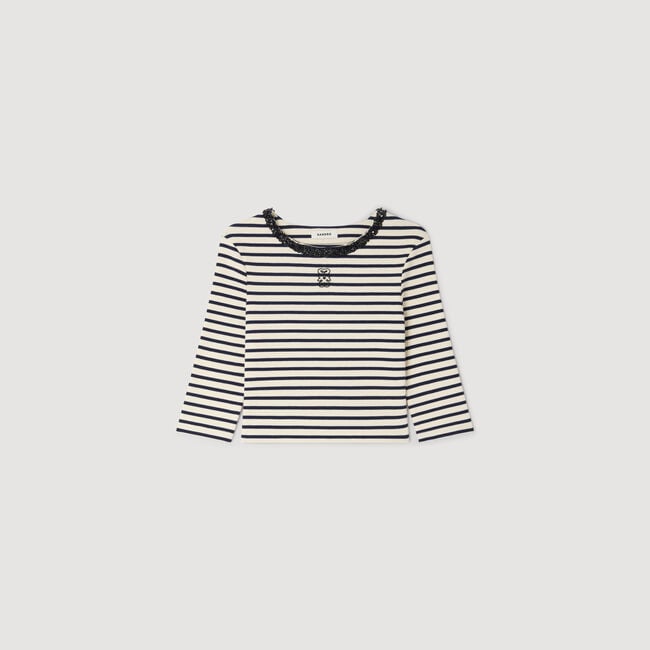 Short striped tee with pearl collar
