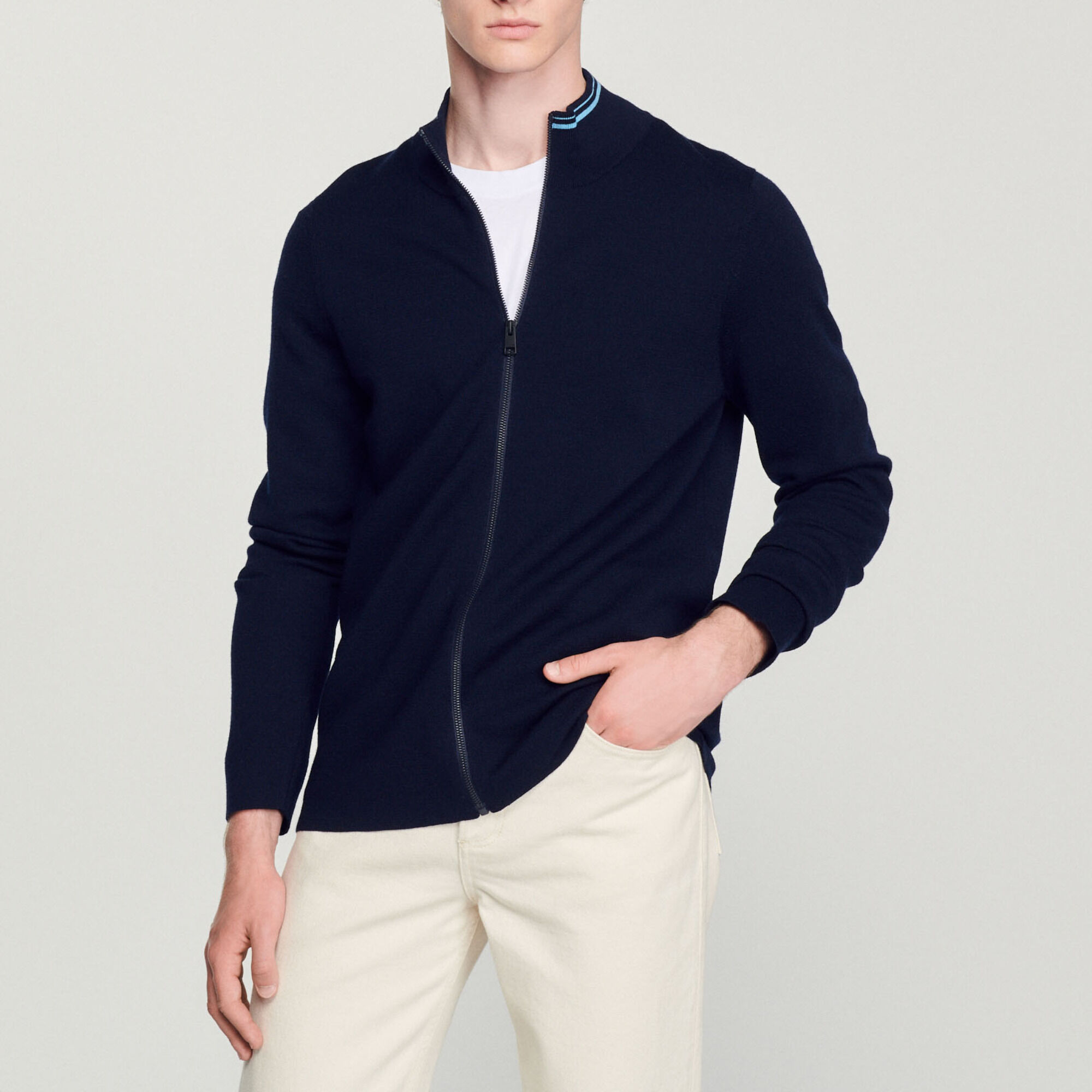 Zip-up cardigan with a striped collar