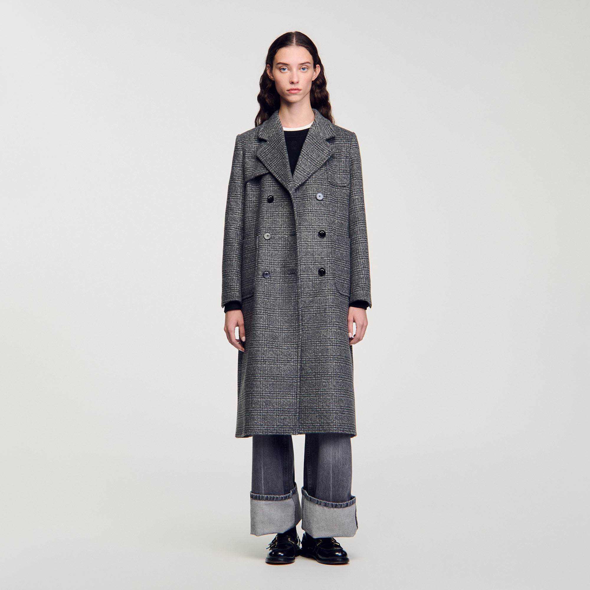Long checked coat black / gray For Women | Sandro Paris