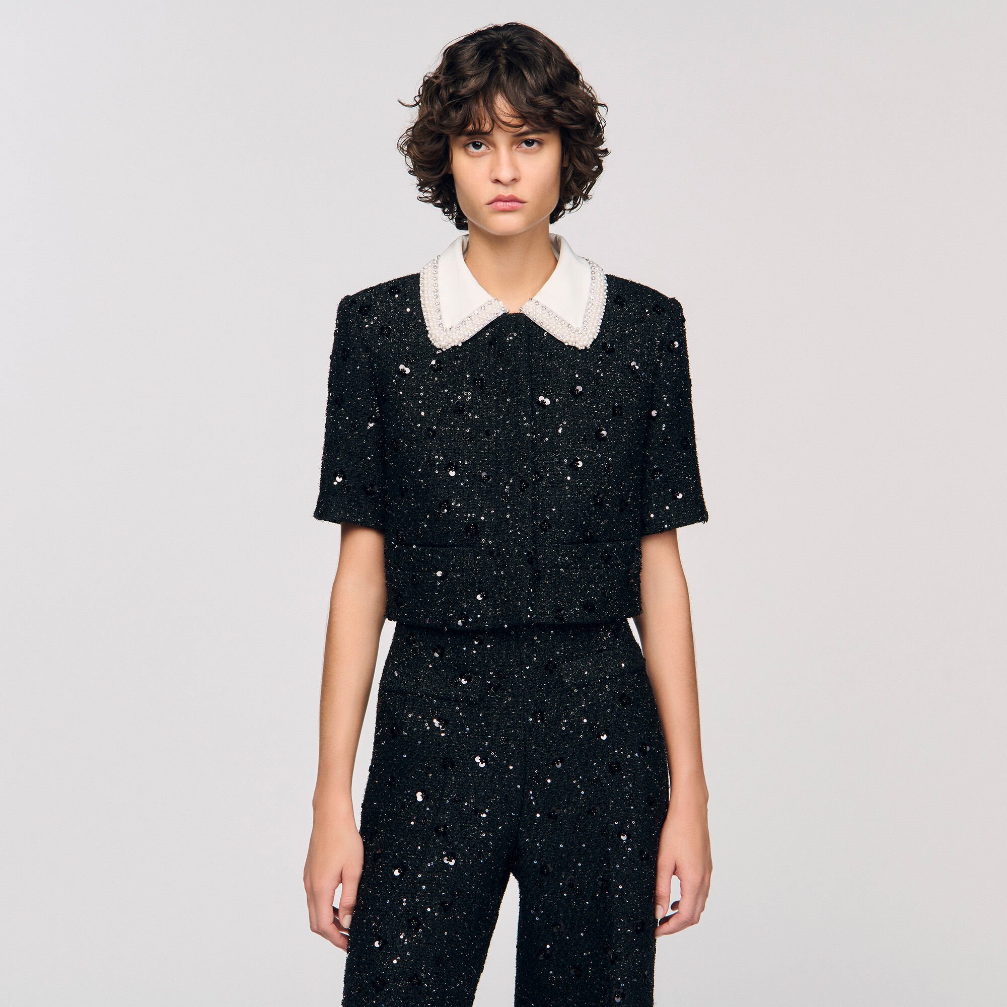 Rhinestone tweed cropped jacket