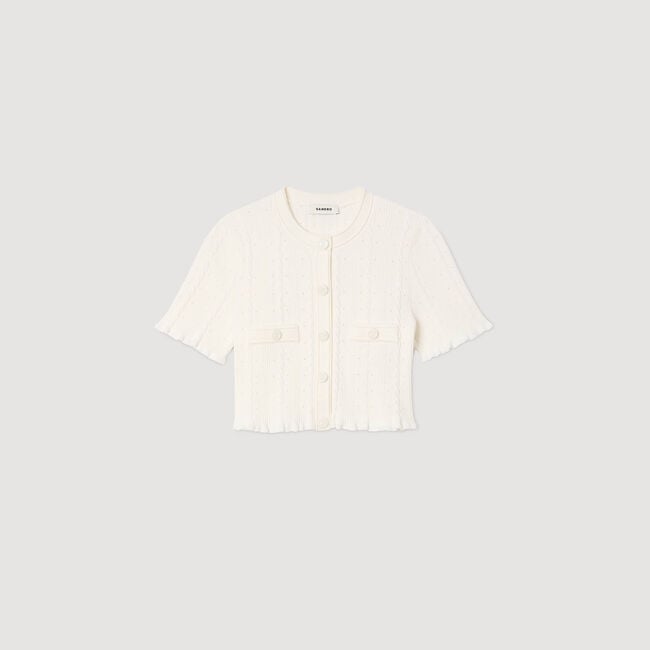 Cropped pointelle knit cardigan