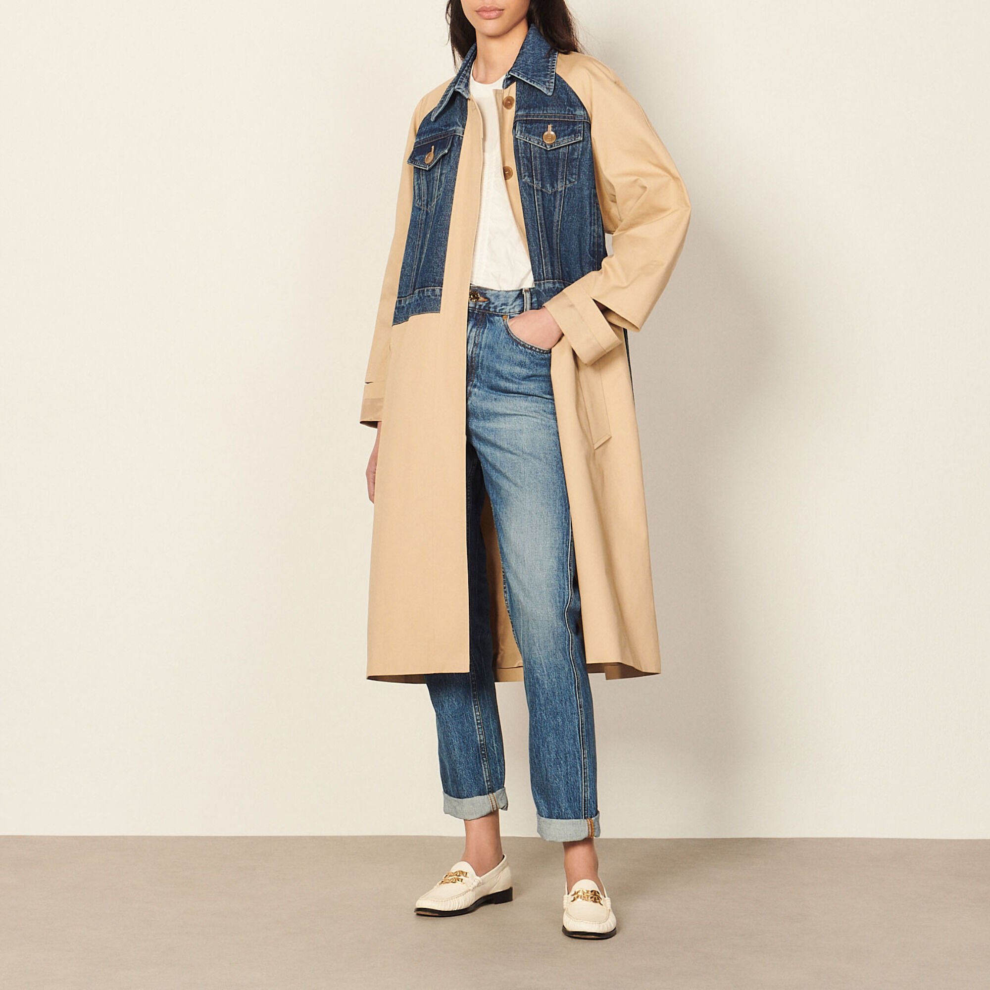 Mixed material trench coat