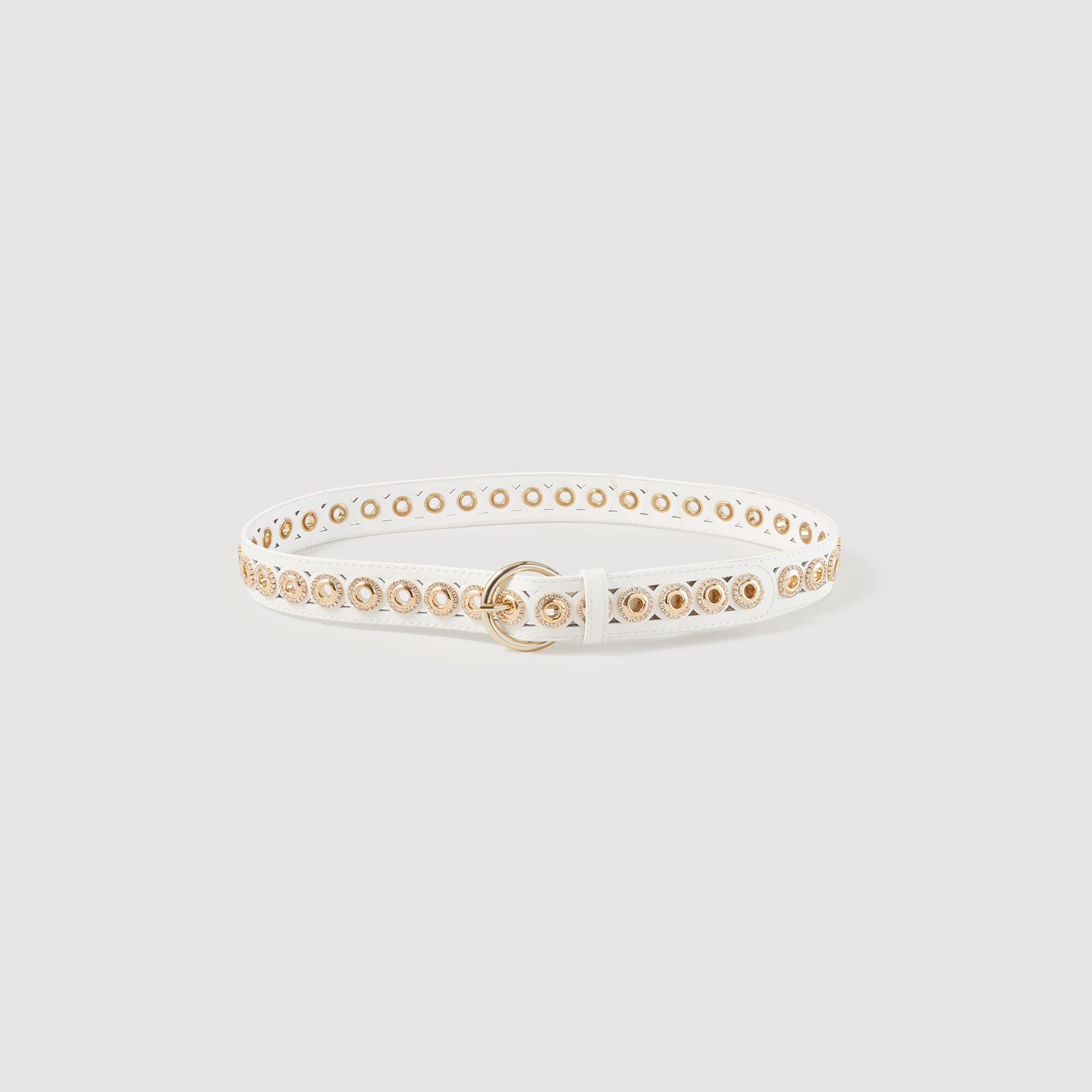 Leather belt with rhinestone eyelets