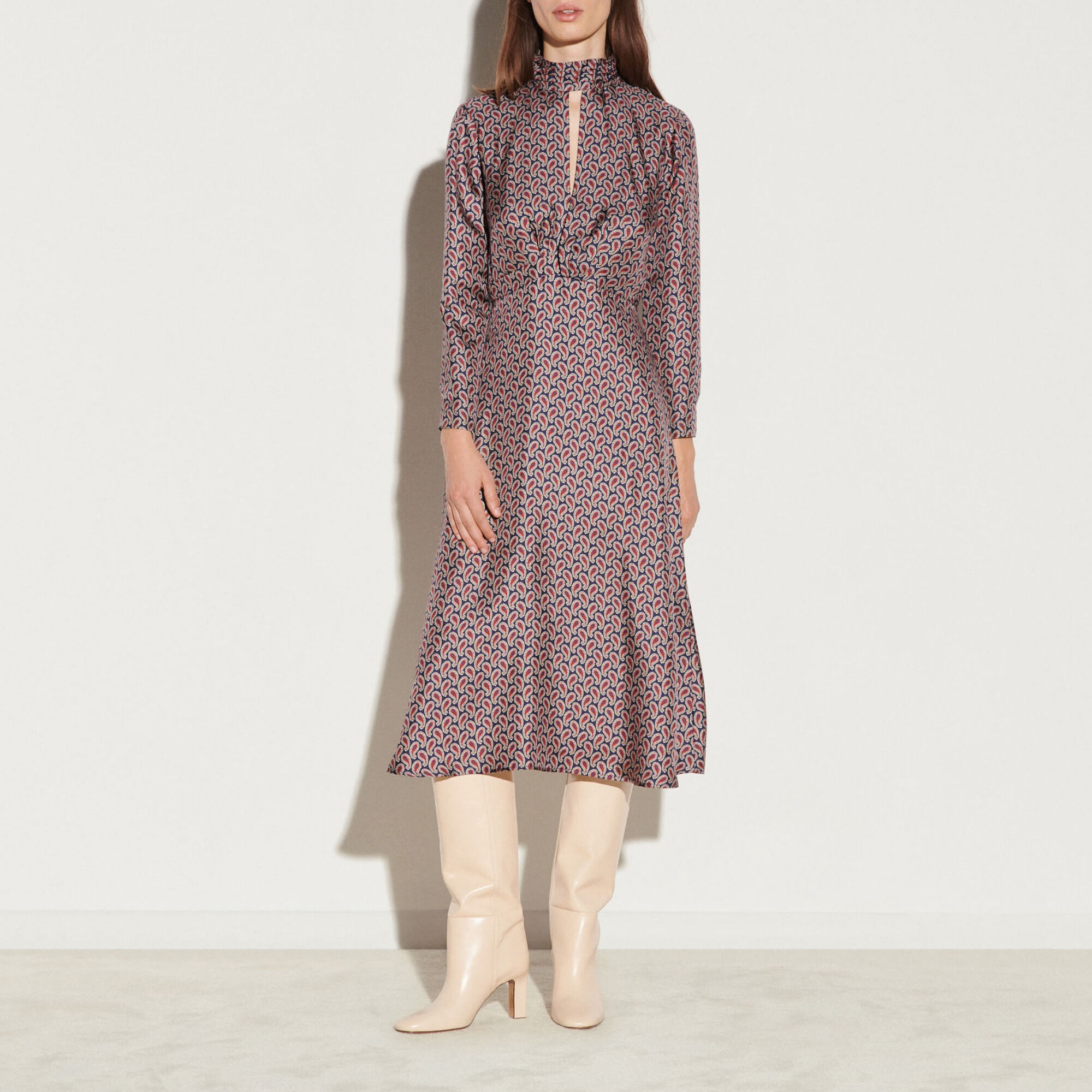 Long silk draped dress with print