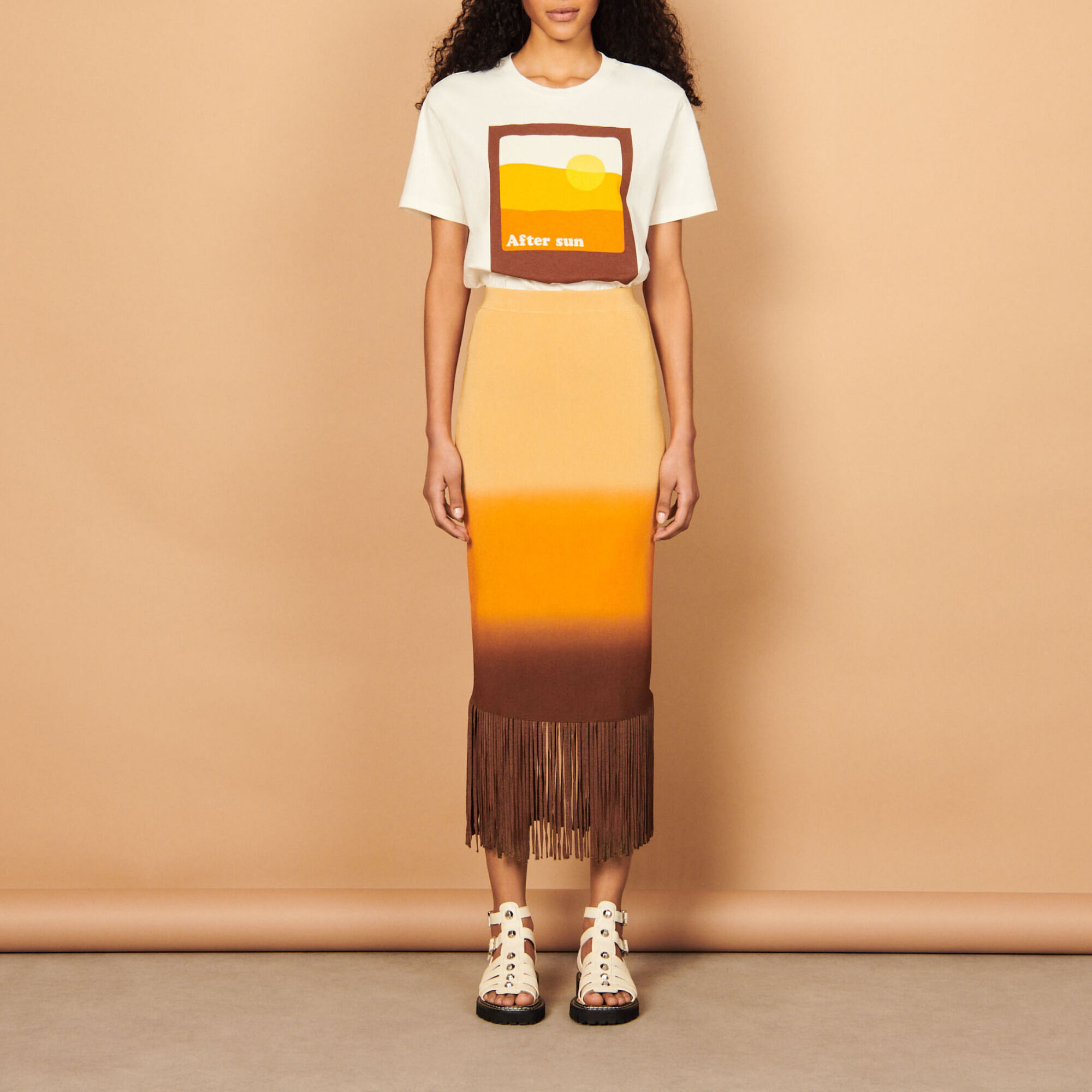 Midi skirt with tie-dye fringing