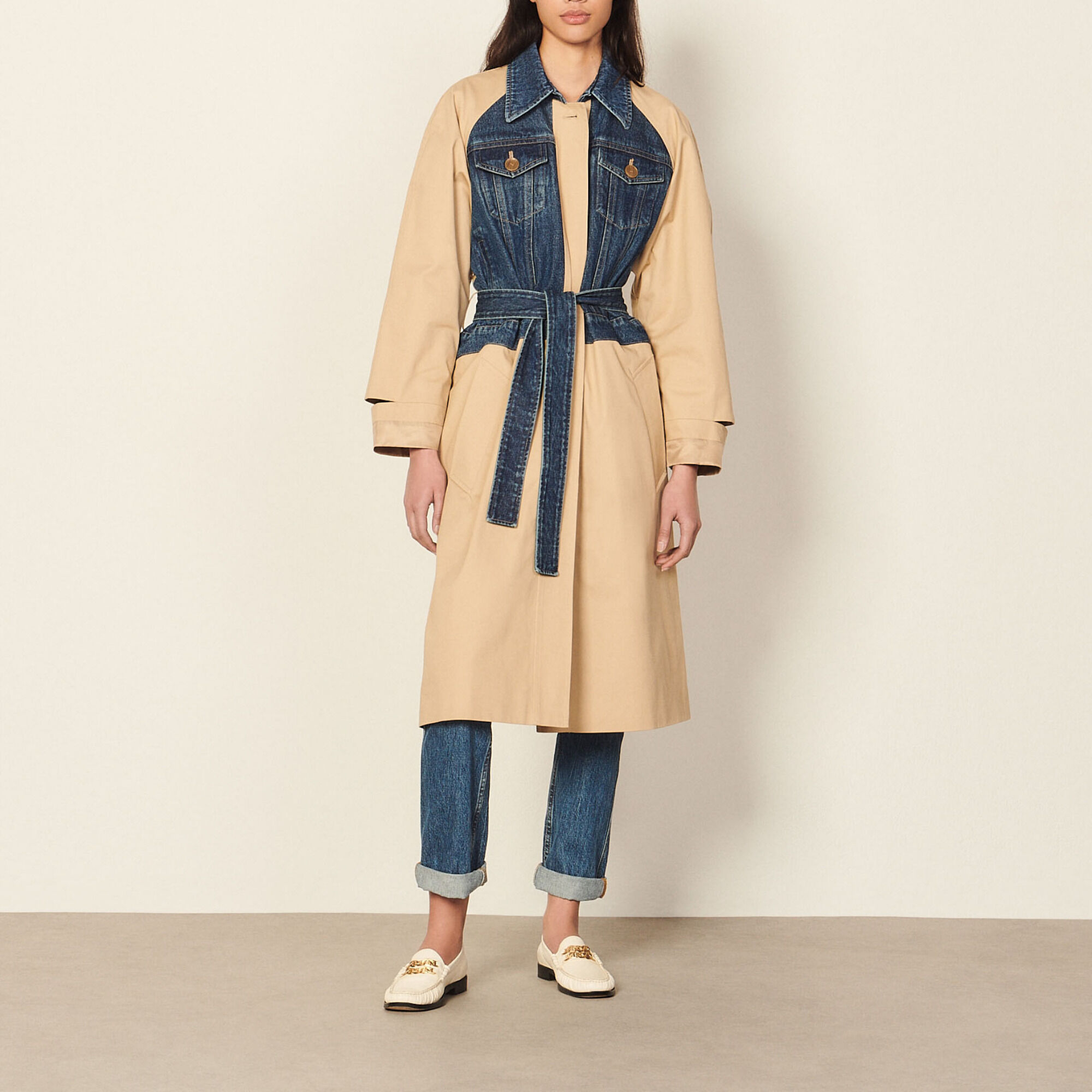 Mixed-material trench coat