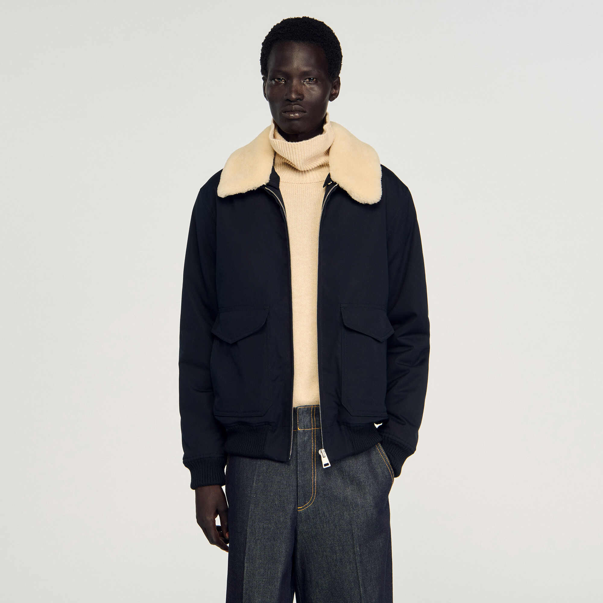 Shearling collar aviator jacket blue for Men | Sandro Paris