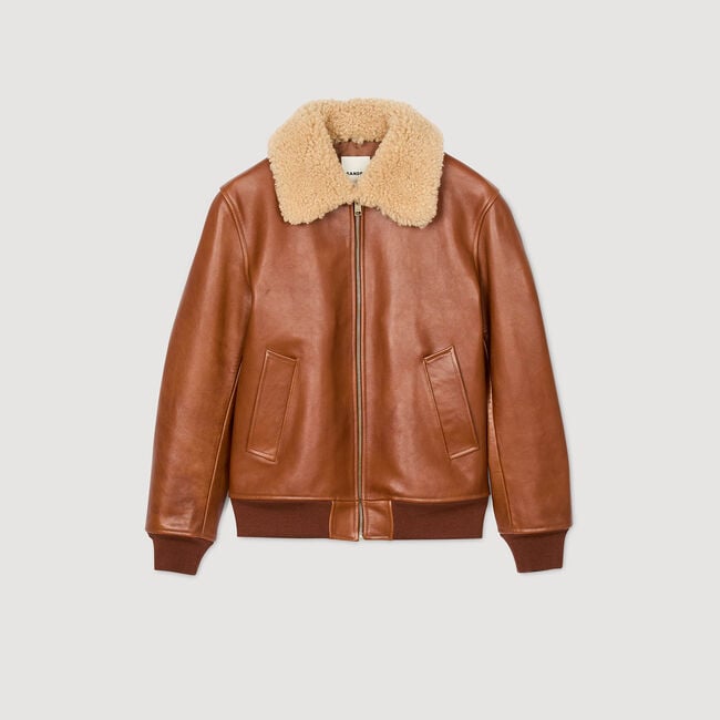 Leather jacket with fur collar