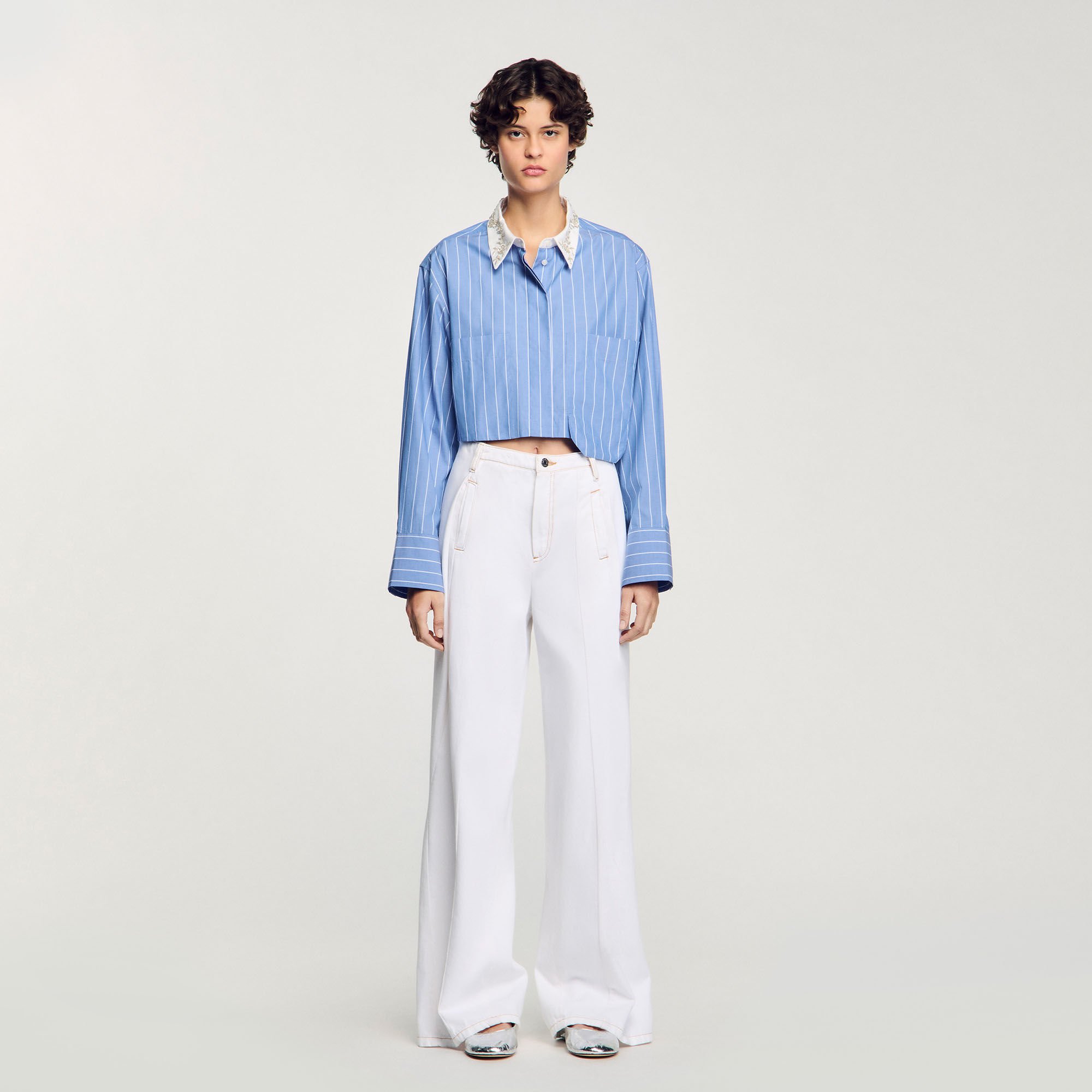 Striped cropped shirt with rhinestone