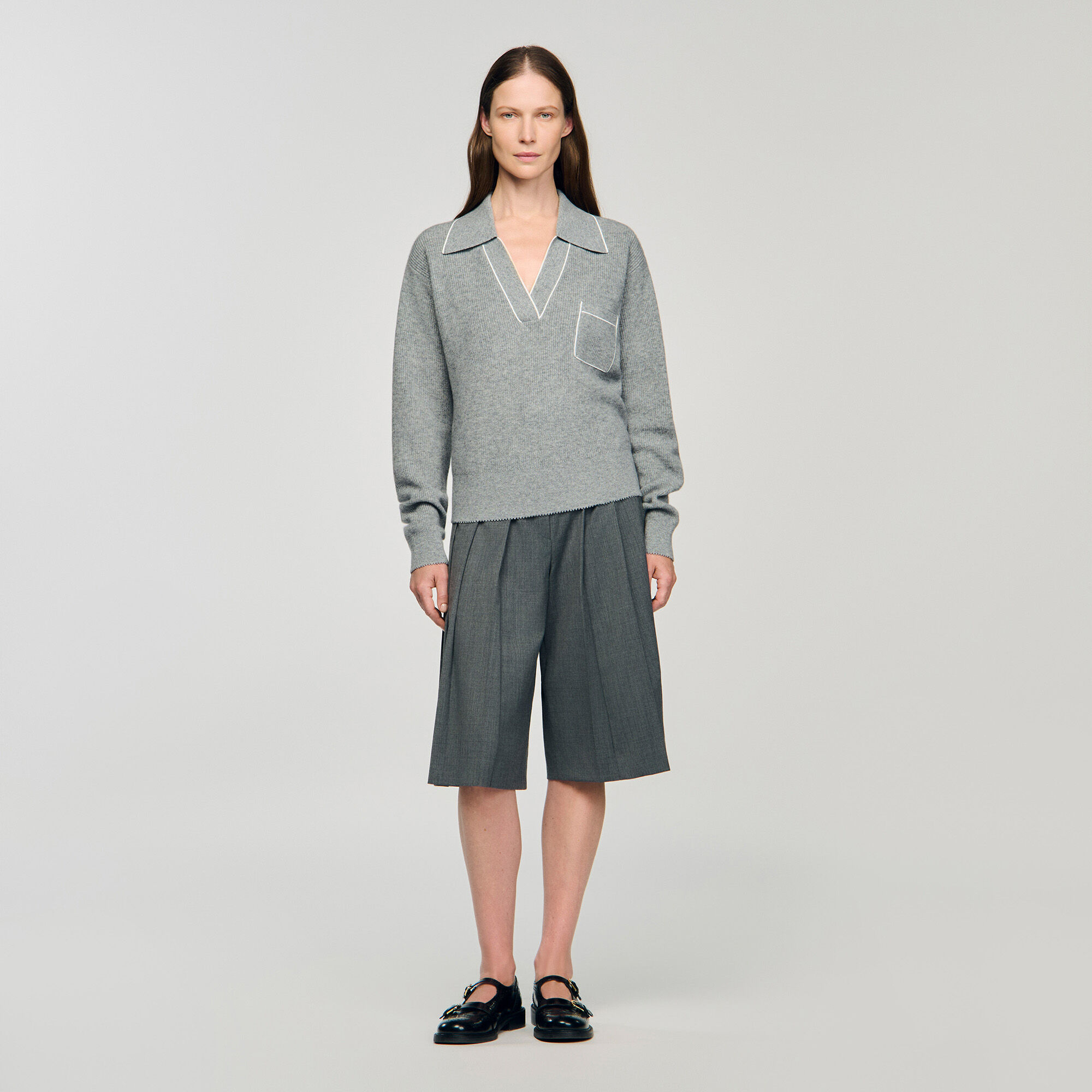 Open polo-collar neck jumper