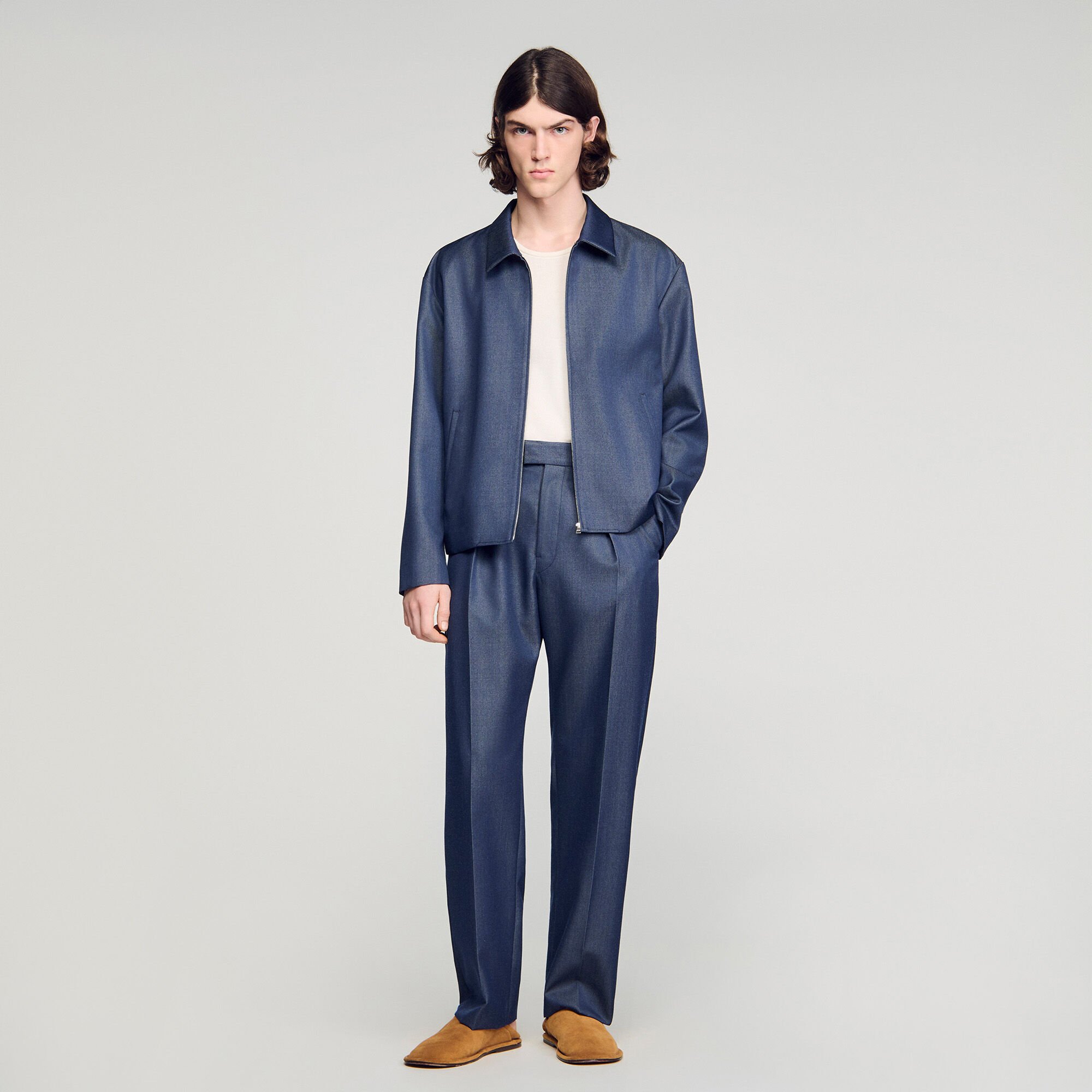 Pleated denim-effect trousers