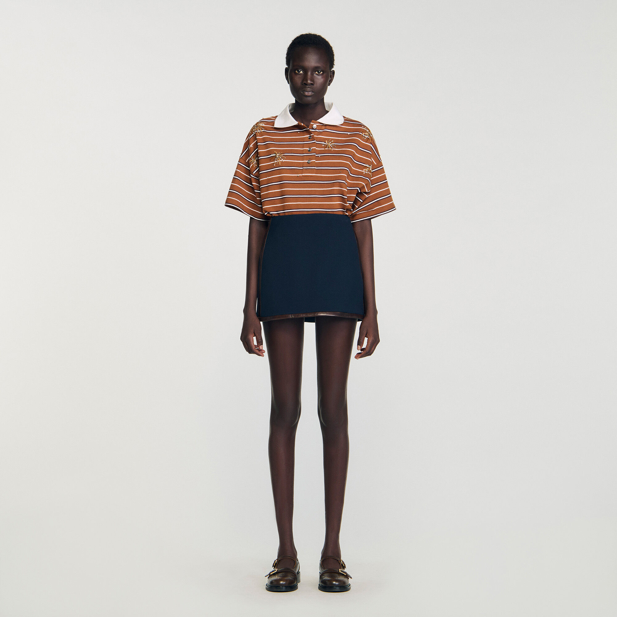 Short skirt with leather bands blue For Women | Sandro Paris