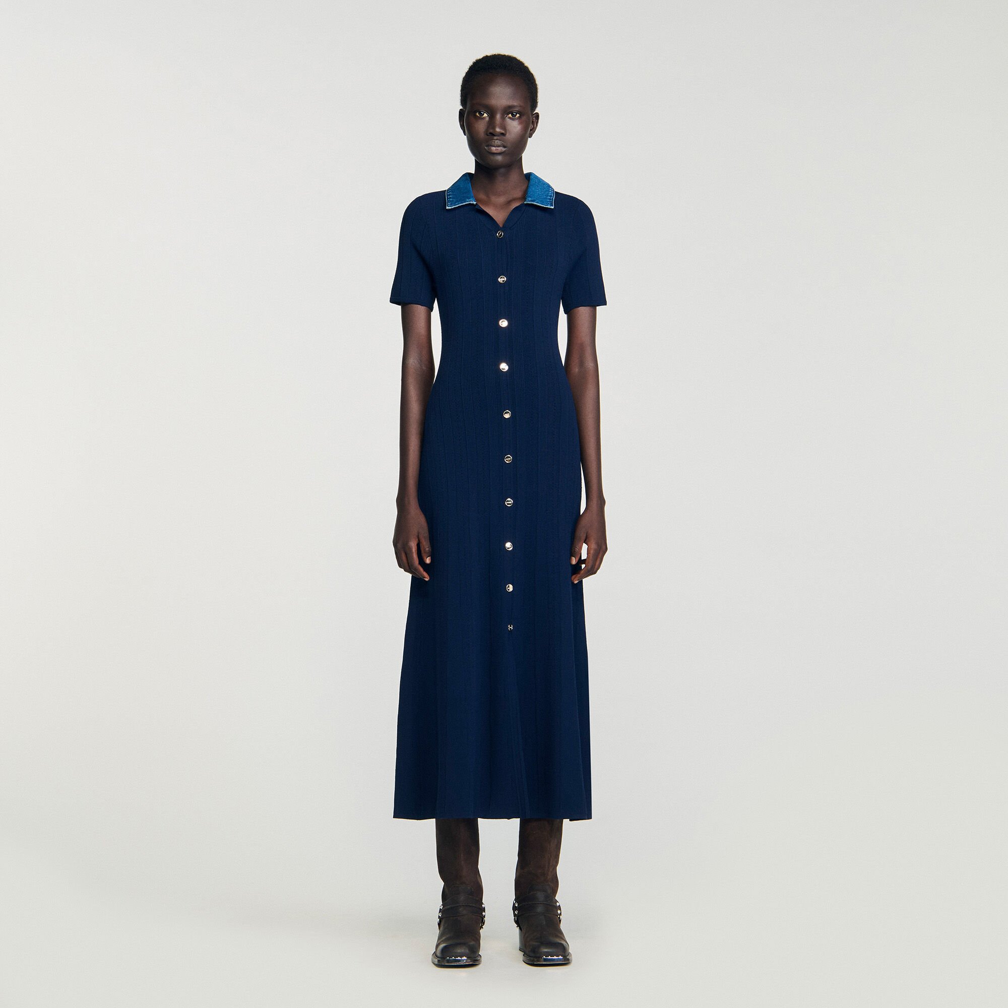 Denim collar knit maxi dress