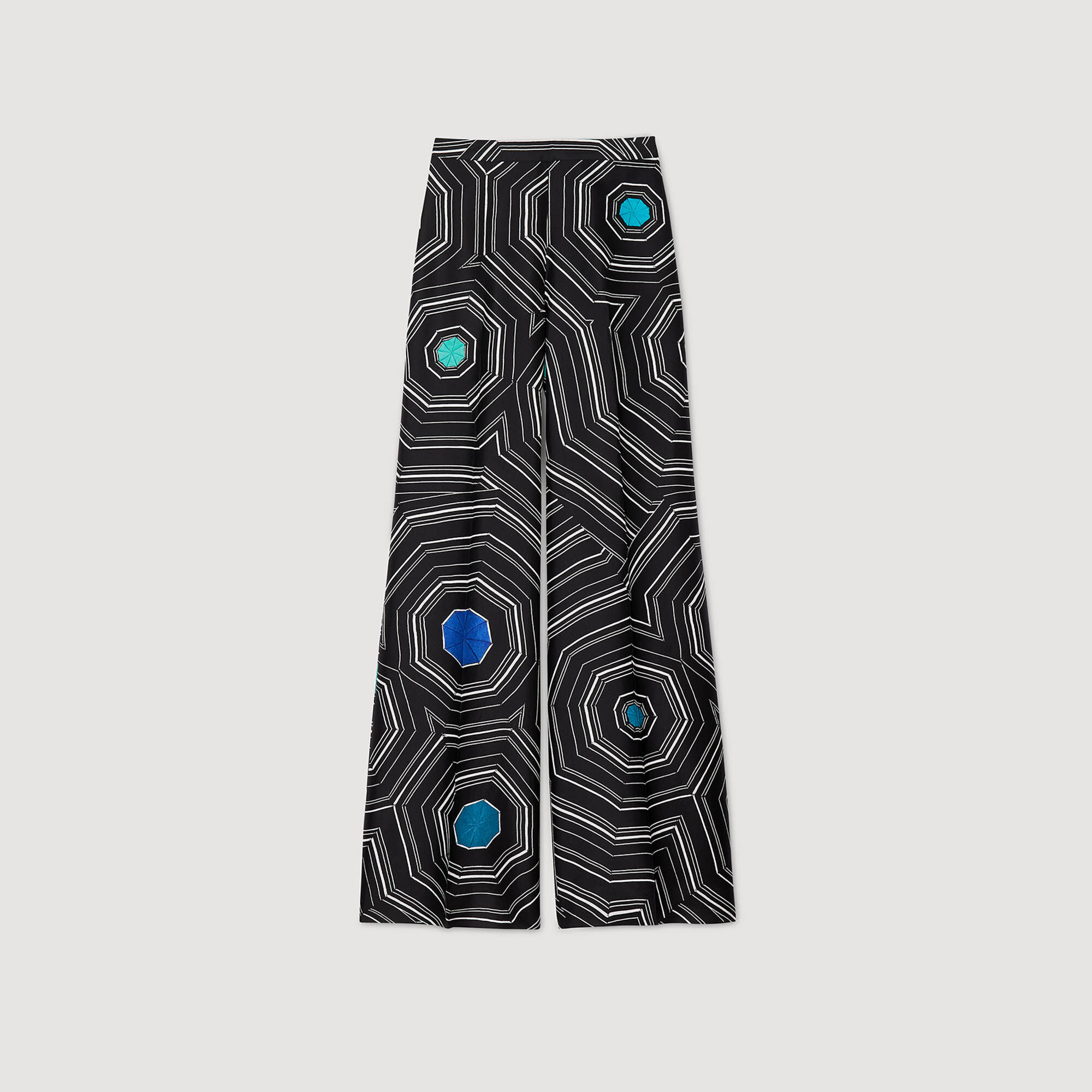 Spiral-print silk trousers