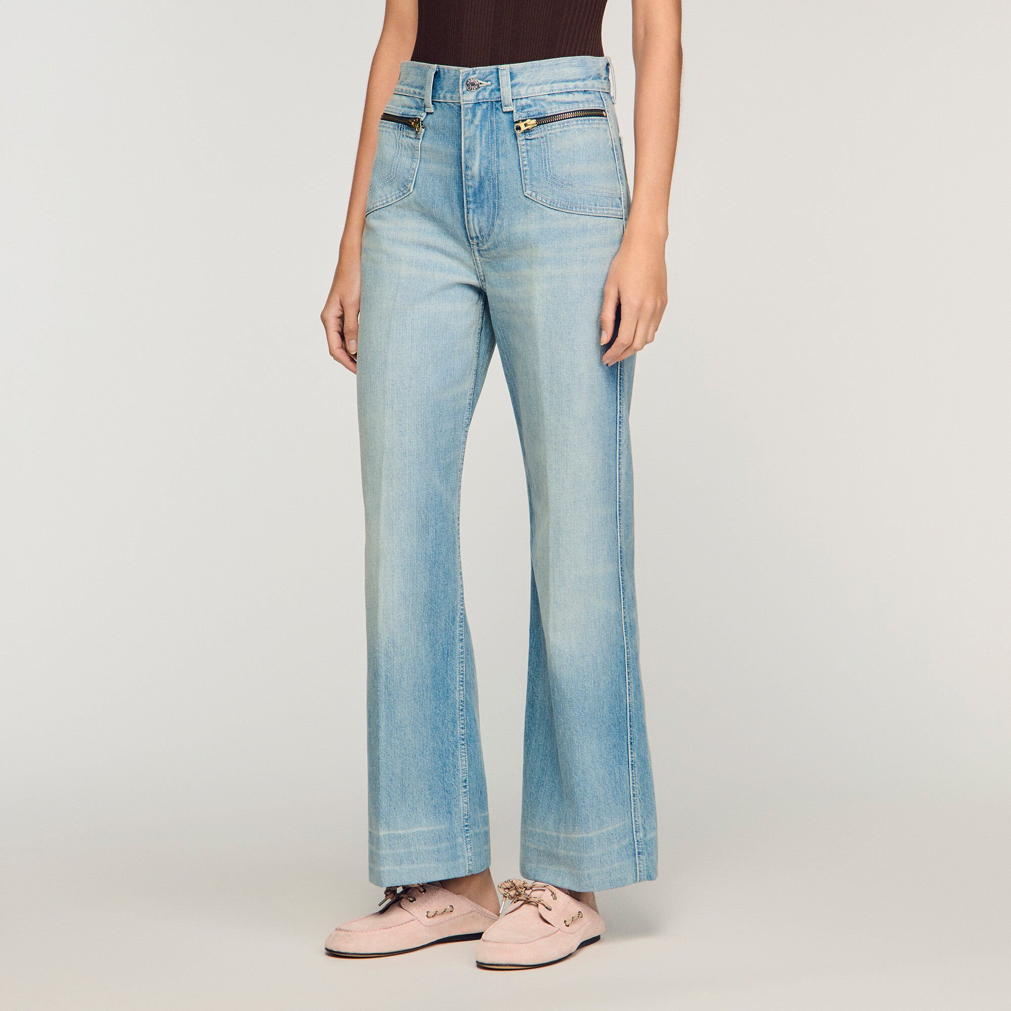 Faded straight zipped cotton jeans