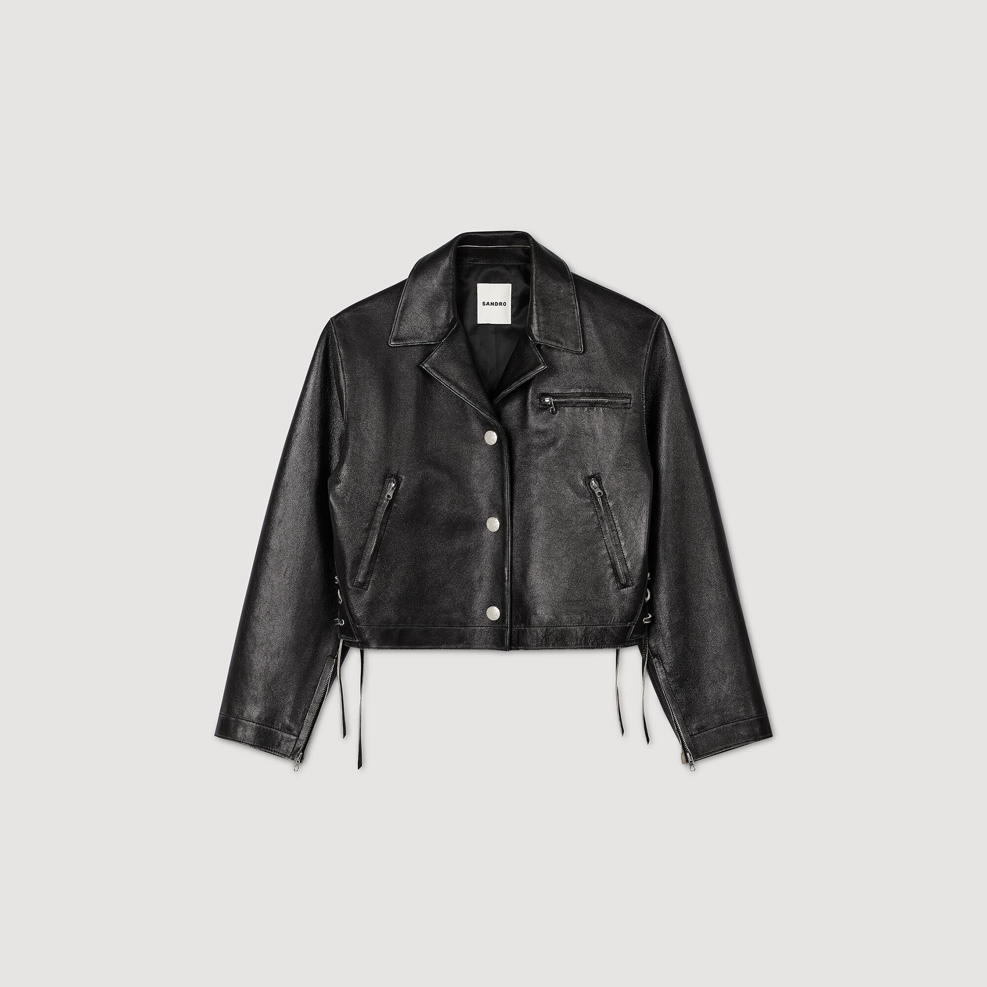 Distressed leather jacket black / gray For Women | Sandro Paris