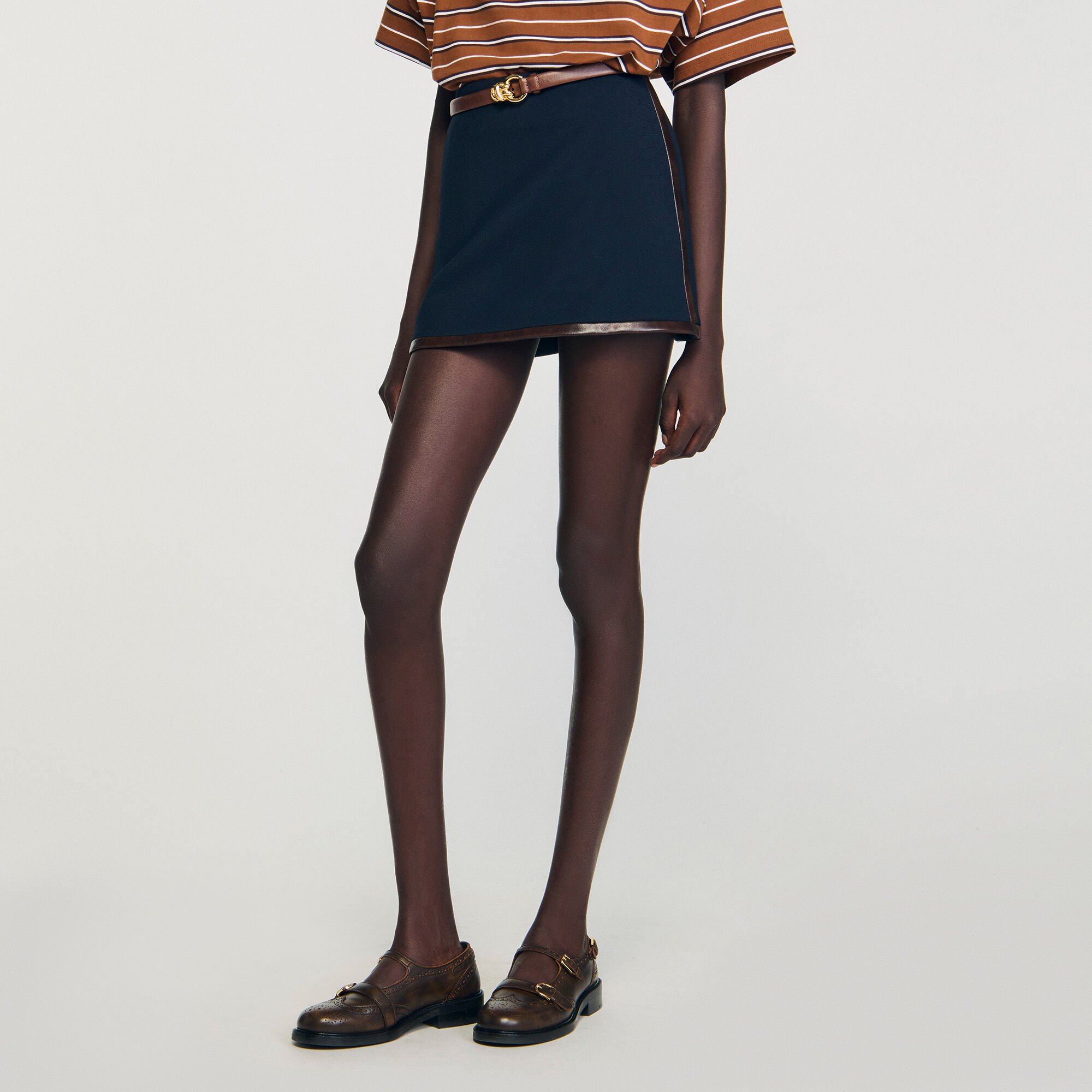 Short skirt with leather bands blue For Women | Sandro Paris