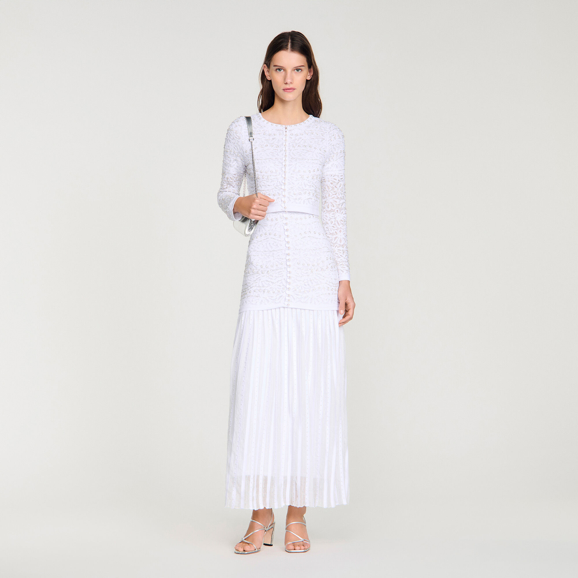 Cropped pearl cardigan white / beige For Women | Sandro Paris