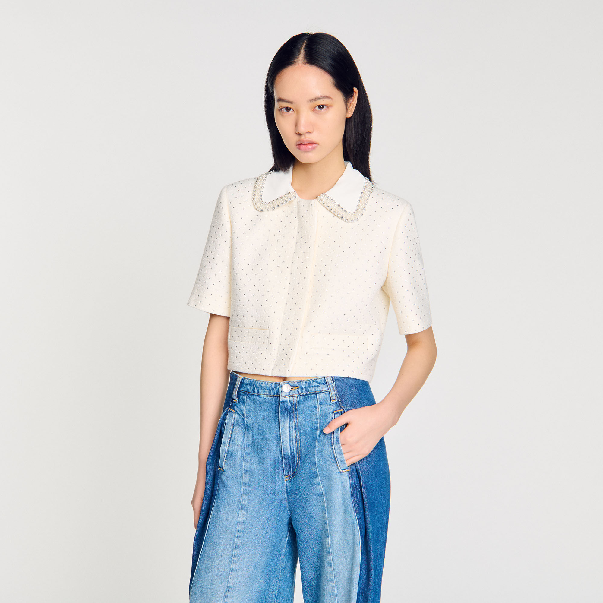 Short-sleeved rhinestone jacket