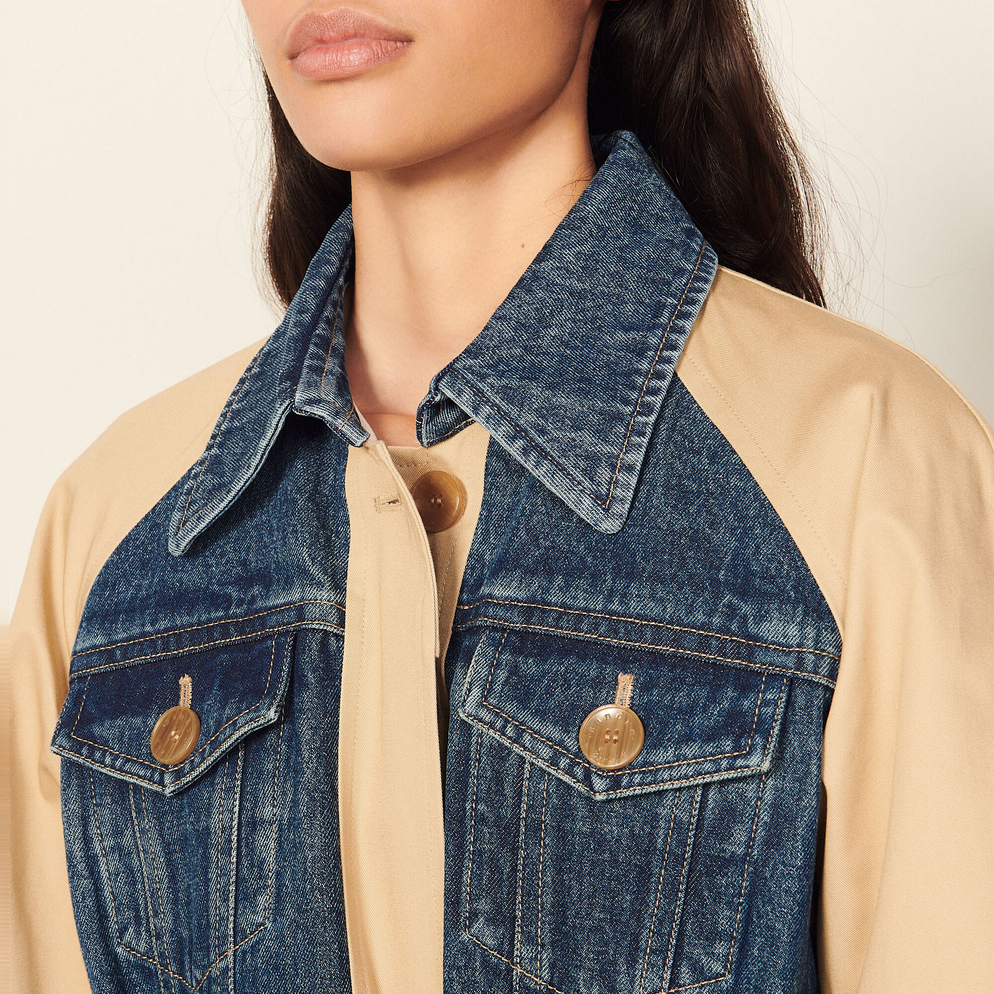 Mixed-material trench coat