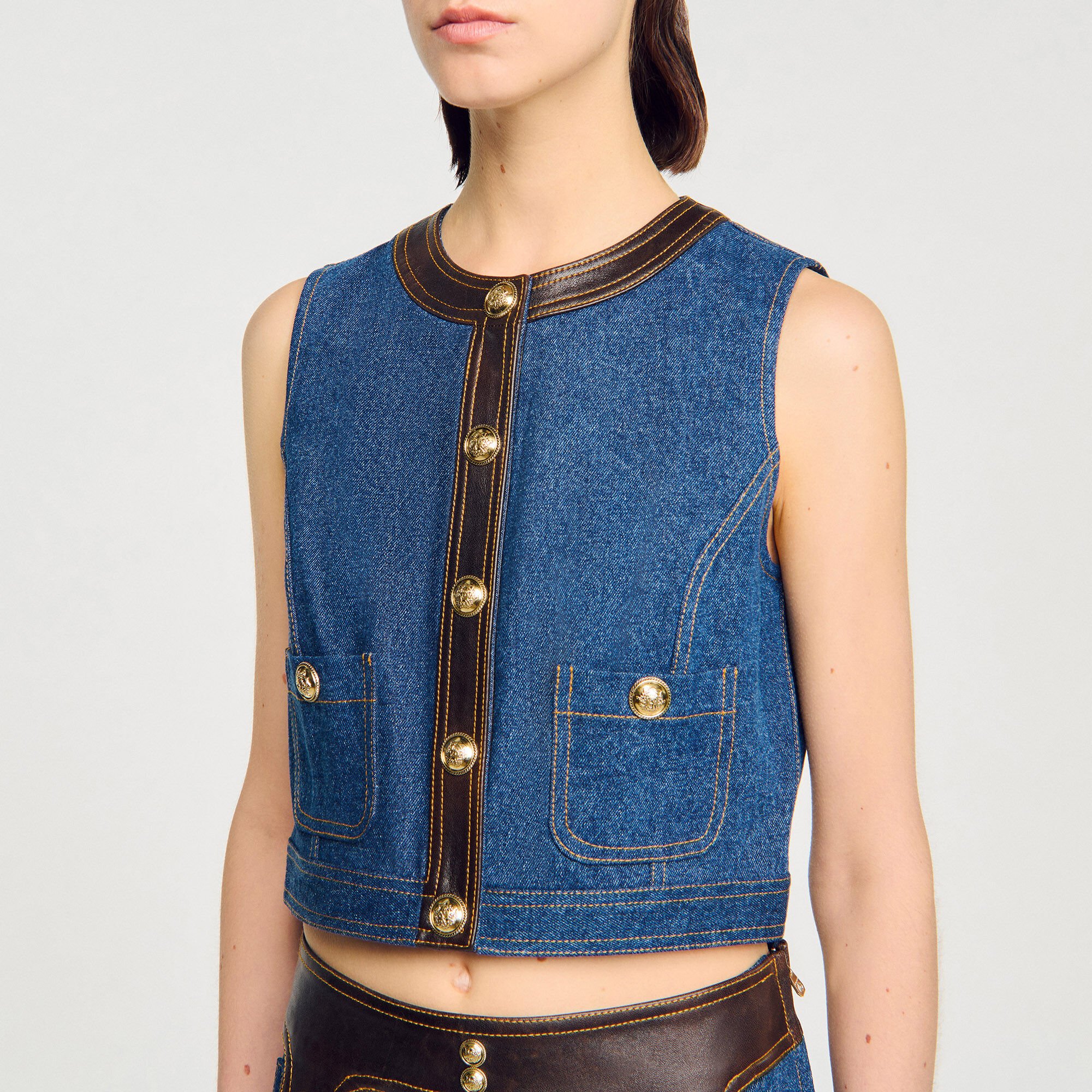 Denim and leather top